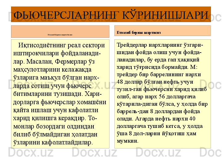 ФЬЮЧЕРСЛАРНИНГ КЎРИНИШЛАРИ
Етказиб бериш шарти билан
    Иқтисодиётнинг реал сектори 
иштирокчилари фойдаланади-
лар. Масалан, Фермерлар ўз 
маҳсулотларини келажакда 
ўзларига маъқул бўлган нарх-
ларда сотиш учун фьючерс 
битимларини тузишади. Хари-
дорларга фьючерслар хомашёни 
қайта ишлаш учун кафолатли 
харид қилишга керакдир. То-
монлар бозордаги олдиндан 
билиб бўлмайдиган ҳолатдан 
ўзларини кафолатлайдилар. Етказиб бериш шартисиз
Трейдерлар нархларнинг ўзгари-
шидан фойда олиш учун фойда-
ланадилар, бу ерда гап ҳақиқий 
харид тўғрисида бормайди. М: 
трейдер бир баррелининг нархи 
48 доллар бўлган нефть учун 
тузил-ган фьючерсни харид қилиб 
олиб, агар нарх 56 долларгача 
кўтарила-диган бўлса, у ҳолда бир 
баррель-дан 8 доллардан фойда 
олади. Агарда нефть нархи 40 
долларгача тушиб кетса, у ҳолда 
ўша 8 дол-ларни йўқотиш ҳам 
мумкин.