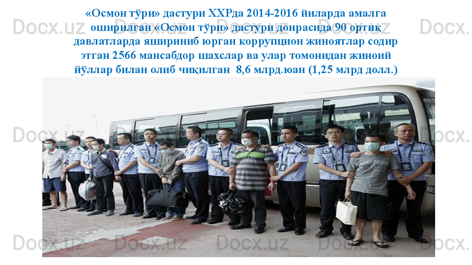 «Осмон тўри» дастури ХХРда 2014-2016 йил ар да  амалга 
оширилган  «Осмон т ў ри»  дастури доирасида 90 ортиқ 
давлатларда яшириниб юрган коррупцион жиноятлар содир 
этган 2566 мансабдор шахслар ва улар томонидан жиноий 
йўллар билан олиб чиқилган   8,6 млрд.юан (1,25 млрд долл.)