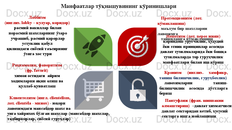 Манфаатлар тўқнашувининг кўринишлари
Непотизм (лот.  nepos  жиян)
қариндош-уруғчилик,  ҳудудий 
ёки этник принциплар асосида 
давлат тузилмаларида ёки бошқа 
тузилмаларда тор гуруҳчилик 
манфаатлари билан иш кўриш
Кронизм  (инглиз.  хамфикр, 
таниш билишчилик, гуруҳбозлик)
лавозимларни  таниш-
билишчилик  асосида  дўстларга 
бериш  Раҳнамолик, фаворитизм 
(фр.  favorit ) 
химоя остидаги    айрим 
ходимларни яқин олиш ва 
қуллаб-қувватлаш Лоббизм 
(инглиз.  lobby –  кулуар, коридор) 
расмий вакиллар билан 
норасмий шахсларнинг ўзаро 
учрашиб, расмий қарорлар 
устунлик қабул 
қилишдаги сиёсий таъсирнинг 
ўзига хос тури
   Клиентелизм  ( ингл. clientelism, 
лот. clientēla - мижоз)  - юқори 
лавозимдаги мансабдор шахс ва 
унга хайрихох бўлган шахслар (мансабдор шахслар, 
тадбиркорлар, сиёсий гуруҳлар)      Пантуфляж  ( фран. шиппакни 
алмаштириш)   –давлат хизматчиси 
давлат секторидан кетиб, хусусий 
секторга ишга жойлашиши
 Протекционизм (лот. 
к ўмаклашиш)
маълум бир шахсларни 
лавозимга 
тайинлашга кўмаклашиш       