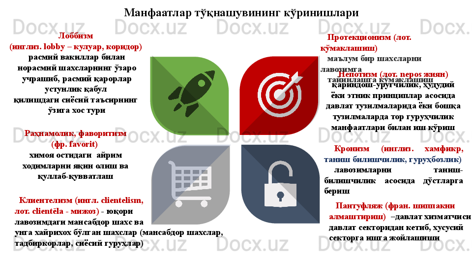 Манфаатлар тўқнашувининг кўринишлари
Непотизм (лот.  nepos  жиян)
қариндош-уруғчилик,  ҳудудий 
ёки этник принциплар асосида 
давлат тузилмаларида ёки бошқа 
тузилмаларда тор гуруҳчилик 
манфаатлари билан иш кўриш
Кронизм  (инглиз.  хамфикр, 
таниш билишчилик, гуруҳбозлик)
лавозимларни  таниш-
билишчилик  асосида  дўстларга 
бериш  Раҳнамолик, фаворитизм 
(фр.  favorit ) 
химоя остидаги    айрим 
ходимларни яқин олиш ва 
қуллаб-қувватлаш Лоббизм 
(инглиз.  lobby –  кулуар, коридор) 
расмий вакиллар билан 
норасмий шахсларнинг ўзаро 
учрашиб, расмий қарорлар 
устунлик қабул 
қилишдаги сиёсий таъсирнинг 
ўзига хос тури
   Клиентелизм  ( ингл. clientelism, 
лот. clientēla - мижоз)  - юқори 
лавозимдаги мансабдор шахс ва 
унга хайрихох бўлган шахслар (мансабдор шахслар, 
тадбиркорлар, сиёсий гуруҳлар)      Пантуфляж  ( фран. шиппакни 
алмаштириш)   –давлат хизматчиси 
давлат секторидан кетиб, хусусий 
секторга ишга жойлашиши
 Протекционизм (лот. 
к ўмаклашиш)
маълум бир шахсларни 
лавозимга 
тайинлашга кўмаклашиш