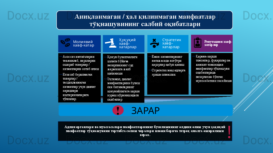 Молиявий 
хавф -хатар
—
A соссиз имтиёзларни 
таъминлаб, нархларни 
ошириб товарлар / 
хизматларни сотиб олиш
—
Етказиб берилмаган 
товарлар / 
тасдиқланмаган 
хизматлар учун  давлат 
харидлари 
иштирокчиларига 
тўловлар. Ҳ у қ у қ и й 
хавф -
хатарлар
—
Қонун бузилганлиги 
ҳолати бўйича 
вазирликнинг суд 
жараёнига жалб 
қилиниши
—
Эҳтимол, давлат 
манфаатларини бузиш 
ёки битимларнинг 
қонунийлигига қарши 
кураш кўринишидаги 
оқибатлар Стратегик  
хавф -
хатарлар
—
Ёмон хизматларнинг 
натижасида нотўғри 
қарорлар қабул қилиш
—
Стратегик мақсадларга 
эриша олмаслик Репутацион хавф-
хатарлар
—
Қарама-қарши 
томонлар, фуқаролар ва 
жамият томонидан 
манфаатлар тўқнашуви 
оқибатларида 
вазирликка бўлган 
муносабатини пасайиши
ЗАРАР
!A ниқланмаган / ҳал қилинмаган манфаатлар 
тўқнашувининг салбий оқибатлари
A длия органлари ва муассасалари манфаатларининг бузилишининг олдини олиш учун ҳақиқий 
манфаатлар тўқнашувини тартибга солиш чоралари иложи борича тезроқ амалга оширилиши 
керак.
!  