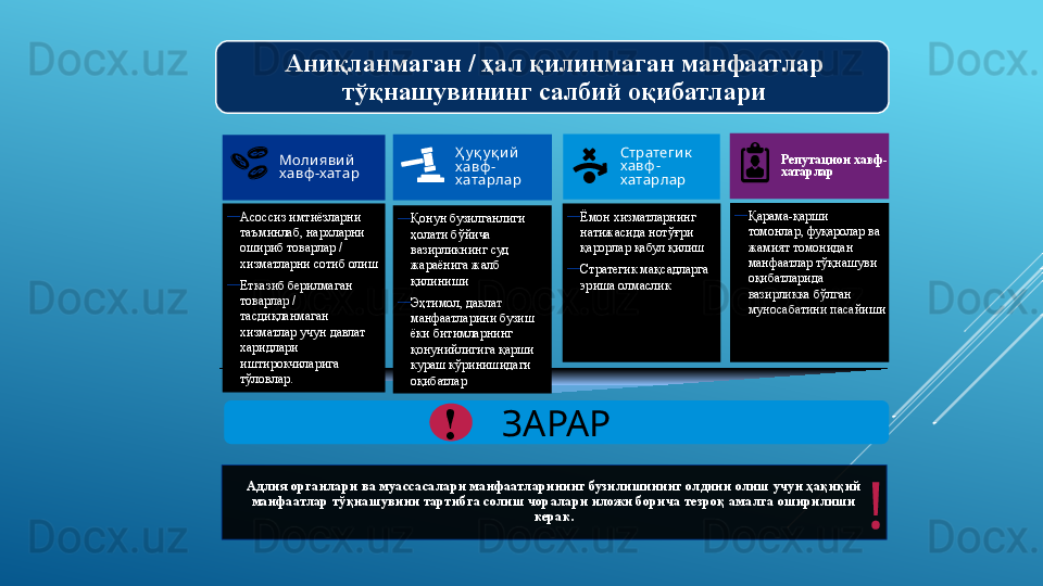Молиявий 
хавф -хатар
—
A соссиз имтиёзларни 
таъминлаб, нархларни 
ошириб товарлар / 
хизматларни сотиб олиш
—
Етказиб берилмаган 
товарлар / 
тасдиқланмаган 
хизматлар учун  давлат 
харидлари 
иштирокчиларига 
тўловлар. Ҳ у қ у қ и й 
хавф -
хатарлар
—
Қонун бузилганлиги 
ҳолати бўйича 
вазирликнинг суд 
жараёнига жалб 
қилиниши
—
Эҳтимол, давлат 
манфаатларини бузиш 
ёки битимларнинг 
қонунийлигига қарши 
кураш кўринишидаги 
оқибатлар Стратегик  
хавф -
хатарлар
—
Ёмон хизматларнинг 
натижасида нотўғри 
қарорлар қабул қилиш
—
Стратегик мақсадларга 
эриша олмаслик Репутацион хавф-
хатарлар
—
Қарама-қарши 
томонлар, фуқаролар ва 
жамият томонидан 
манфаатлар тўқнашуви 
оқибатларида 
вазирликка бўлган 
муносабатини пасайиши
ЗАРАР
!A ниқланмаган / ҳал қилинмаган манфаатлар 
тўқнашувининг салбий оқибатлари
A длия органлари ва муассасалари манфаатларининг бузилишининг олдини олиш учун ҳақиқий 
манфаатлар тўқнашувини тартибга солиш чоралари иложи борича тезроқ амалга оширилиши 
керак.
!