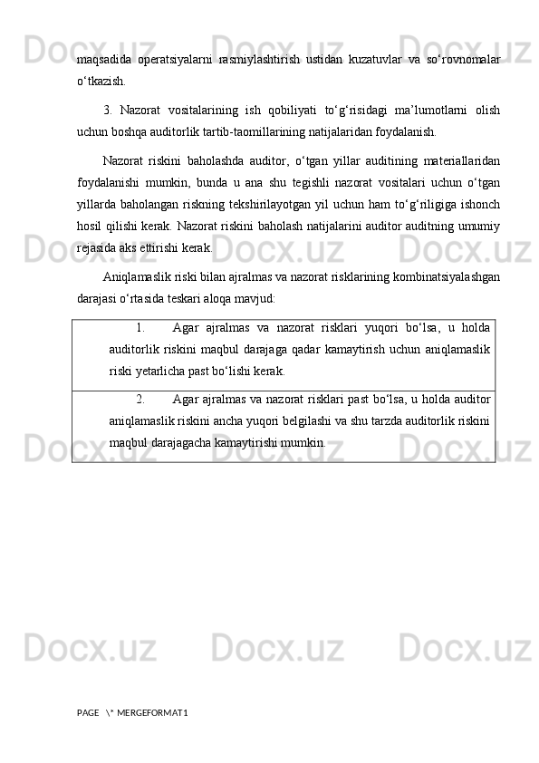 maqsadida   operatsiyalarni   rasmiylashtirish   ustidan   kuzatuvlar   va   so‘rovnomalar
o‘tkazish.
3.   Nazorat   vositalarining   ish   qobiliyati   to‘g‘risidagi   ma’lumotlarni   olish
uchun boshqa auditorlik tartib-taomillarining natijalaridan foydalanish.
Nazorat   riskini   baholashda   auditor,   o‘tgan   yillar   auditining   materiallaridan
foydalanishi   mumkin,   bunda   u   ana   shu   tegishli   nazorat   vositalari   uchun   o‘tgan
yillarda  baholangan   riskning   tekshirilayotgan  yil   uchun  ham  to‘g‘riligiga   ishonch
hosil qilishi kerak. Nazorat riskini baholash natijalarini auditor auditning umumiy
rejasida aks ettirishi kerak.
Aniqlamaslik riski bilan ajralmas va nazorat risklarining kombinatsiyalashgan
darajasi o‘rtasida teskari aloqa mavjud:
1. Agar   ajralmas   va   nazorat   risklari   yuqori   bo‘lsa,   u   holda
auditorlik   riskini   maqbul   darajaga   qadar   kamaytirish   uchun   aniqlamaslik
riski yetarlicha past bo‘lishi kerak.
2. Agar ajralmas va nazorat risklari past  bo‘lsa, u holda auditor
aniqlamaslik riskini ancha yuqori belgilashi va shu tarzda auditorlik riskini
maqbul darajagacha kamaytirishi mumkin.
PAGE   \* MERGEFORMAT1 