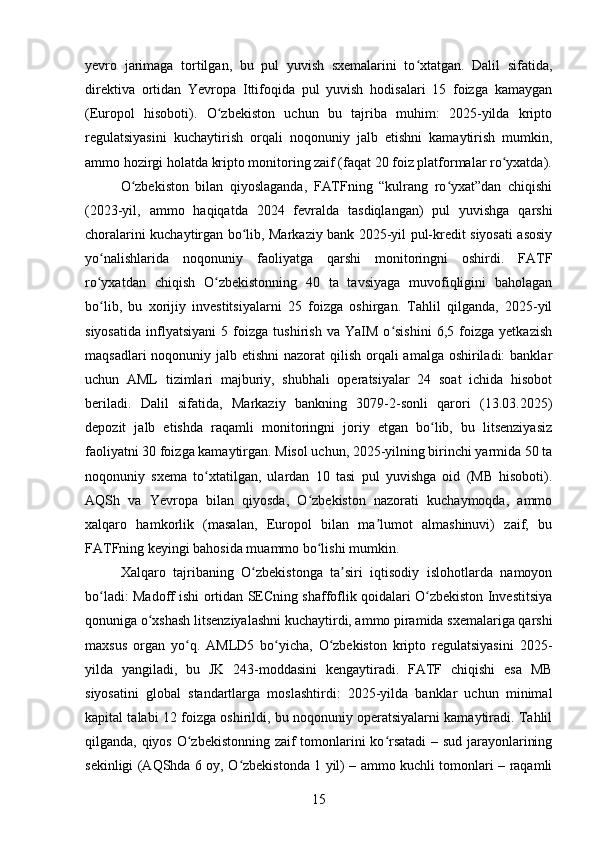 yevro   jarimaga   tortilgan,   bu   pul   yuvish   sxemalarini   to xtatgan.   Dalil   sifatida,ʻ
direktiva   ortidan   Yevropa   Ittifoqida   pul   yuvish   hodisalari   15   foizga   kamaygan
(Europol   hisoboti).   O zbekiston   uchun   bu   tajriba   muhim:   2025-yilda   kripto	
ʻ
regulatsiyasini   kuchaytirish   orqali   noqonuniy   jalb   etishni   kamaytirish   mumkin,
ammo hozirgi holatda kripto monitoring zaif (faqat 20 foiz platformalar ro yxatda).	
ʻ
O zbekiston   bilan   qiyoslaganda,   FATFning   “kulrang   ro yxat”dan   chiqishi	
ʻ ʻ
(2023-yil,   ammo   haqiqatda   2024   fevralda   tasdiqlangan)   pul   yuvishga   qarshi
choralarini kuchaytirgan bo lib, Markaziy bank 2025-yil pul-kredit siyosati asosiy	
ʻ
yo nalishlarida   noqonuniy   faoliyatga   qarshi   monitoringni   oshirdi.   FATF	
ʻ
ro yxatdan   chiqish   O zbekistonning   40   ta   tavsiyaga   muvofiqligini   baholagan
ʻ ʻ
bo lib,   bu   xorijiy   investitsiyalarni   25   foizga   oshirgan.   Tahlil   qilganda,   2025-yil
ʻ
siyosatida   inflyatsiyani   5   foizga   tushirish   va   YaIM   o sishini   6,5   foizga   yetkazish	
ʻ
maqsadlari  noqonuniy jalb etishni nazorat  qilish orqali  amalga oshiriladi:  banklar
uchun   AML   tizimlari   majburiy,   shubhali   operatsiyalar   24   soat   ichida   hisobot
beriladi.   Dalil   sifatida,   Markaziy   bankning   3079-2-sonli   qarori   (13.03.2025)
depozit   jalb   etishda   raqamli   monitoringni   joriy   etgan   bo lib,   bu   litsenziyasiz	
ʻ
faoliyatni 30 foizga kamaytirgan. Misol uchun, 2025-yilning birinchi yarmida 50 ta
noqonuniy   sxema   to xtatilgan,   ulardan   10   tasi   pul   yuvishga   oid   (MB   hisoboti).	
ʻ
AQSh   va   Yevropa   bilan   qiyosda,   O zbekiston   nazorati   kuchaymoqda,   ammo	
ʻ
xalqaro   hamkorlik   (masalan,   Europol   bilan   ma lumot   almashinuvi)   zaif,   bu	
ʼ
FATFning keyingi bahosida muammo bo lishi mumkin.	
ʻ
Xalqaro   tajribaning   O zbekistonga   ta siri   iqtisodiy   islohotlarda   namoyon	
ʻ ʼ
bo ladi: Madoff ishi ortidan SECning shaffoflik qoidalari O zbekiston Investitsiya	
ʻ ʻ
qonuniga o xshash litsenziyalashni kuchaytirdi, ammo piramida sxemalariga qarshi	
ʻ
maxsus   organ   yo q.   AMLD5   bo yicha,   O zbekiston   kripto   regulatsiyasini   2025-	
ʻ ʻ ʻ
yilda   yangiladi,   bu   JK   243-moddasini   kengaytiradi.   FATF   chiqishi   esa   MB
siyosatini   global   standartlarga   moslashtirdi:   2025-yilda   banklar   uchun   minimal
kapital talabi 12 foizga oshirildi, bu noqonuniy operatsiyalarni kamaytiradi. Tahlil
qilganda, qiyos O zbekistonning zaif tomonlarini ko rsatadi  – sud jarayonlarining
ʻ ʻ
sekinligi (AQShda 6 oy, O zbekistonda 1 yil) – ammo kuchli tomonlari – raqamli	
ʻ
15 