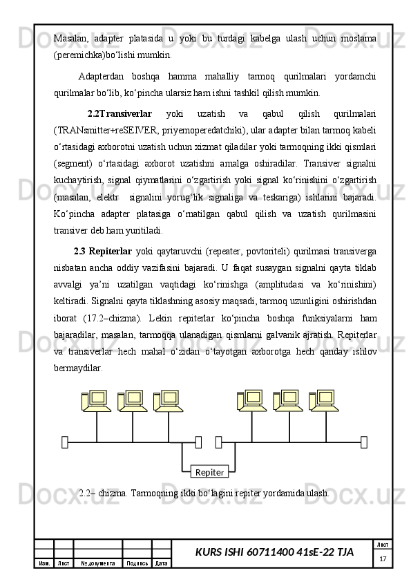 Изм. Лист №  документа Подпись Дата Лист
17KURS ISHI 60711400 41sE-22 TJAMasalan,   adapter   platasida   u   yoki   bu   turdagi   kabelga   ulash   uchun   moslama
( peremichka )bо‘lishi mumkin. 
Adapterdan   boshqa   hamma   mahalliy   tarmoq   qurilmalari   yordamchi
qurilmalar bо‘lib, kо‘pincha ularsiz ham ishni tashkil qilish mumkin. 
  2 .2Transiverlar   yoki   uzatish   va   qabul   qilish   qurilmalari
(TRANsmitter+reSEIVER, priyemoperedatchiki), ular adapter bilan tarmoq kabeli
о‘rtasidagi axborotni uzatish uchun xizmat qiladilar yoki tarmoqning ikki qismlari
(segment)   о‘rtasidagi   axborot   uzatishni   amalga   oshiradilar.   Transiver   signalni
kuchaytirish,   signal   qiymatlarini   о‘zgartirish   yoki   signal   kо‘rinishini   о‘zgartirish
(masalan,   elektr     signalini   yorug‘lik   signaliga   va   teskariga)   ishlarini   bajaradi.
Kо‘pincha   adapter   platasiga   о‘rnatilgan   qabul   qilish   va   uzatish   qurilmasini
transiver deb  h am yuritiladi. 
2.3   Repiterlar   yoki   qaytaruvchi   (repeater,   povtoriteli)   qurilmasi   transiverga
nisbatan   ancha   oddiy   vazifasini   bajaradi.   U   faqat   susaygan   signalni   qayta   tiklab
avvalgi   ya’ni   uzatilgan   vaqtidagi   kо‘rinishga   (amplitudasi   va   kо‘rinishini)
keltiradi. Signalni qayta tiklashning asosiy maqsadi, tarmoq uzunligini oshirishdan
iborat   (17.2–chizma).   Lekin   repiterlar   kо‘pincha   boshqa   funksiyalarni   h am
bajaradilar,   masalan,   tarmoqqa   ulanadigan   qismlarni   galvanik   ajratish.   Repiterlar
va   transiverlar   h ech   ma h al   о‘zidan   о‘tayotgan   axborotga   h ech   qanday   ishlov
bermaydilar. 
2.2– chizma. Tarmoqning ikki b о ‘lagini repiter yordamida ulash.Repite r 