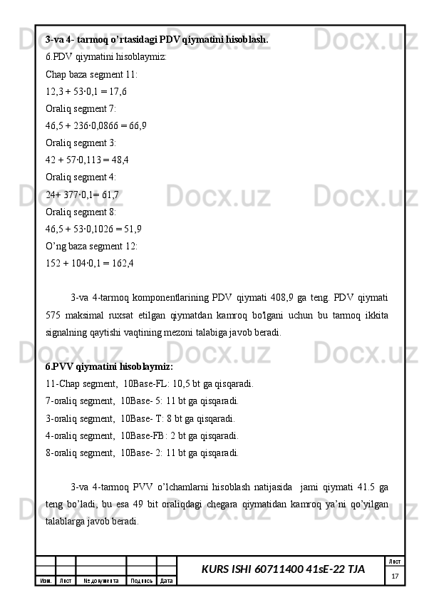 Изм. Лист №  документа Подпись Дата Лист
17KURS ISHI 60711400 41sE-22 TJA3-va 4- tarmoq o’rtasidagi PDV qiymatini hisoblash.
6.PDV qiymatini hisoblaymiz:
Chap baza segment 11:
12,3 + 53∙0,1 = 17,6
Oraliq segment 7:
46,5 + 236∙0,0866 = 66,9
Oraliq segment 3:
42 + 57∙0,113 = 48,4
Oraliq segment 4:
24+ 377∙0,1= 61,7
Oraliq segment 8:
46,5 + 53∙0,1026 = 51,9
O’ng baza segment 12:
152 + 104∙0,1 = 162,4
3-va   4-tarmoq   komponentlarining   PDV   qiymati   408,9   ga   teng.   PDV   qiymati
575   maksimal   ruxsat   etilgan   qiymatdan   kamroq   bo'lgani   uchun   bu   tarmoq   ikkita
signalning qaytishi vaqtining mezoni talabiga javob beradi.
6.PVV qiymatini hisoblaymiz:
11-Chap segment,  10Base-FL: 10,5 bt ga qisqaradi.
7-oraliq segment,  10Base- 5: 11 bt ga qisqaradi.
3-oraliq segment,  10Base- T: 8 bt ga qisqaradi.
4-oraliq segment,  10Base-FB: 2 bt ga qisqaradi.
8-oraliq segment,  10Base- 2: 11 bt ga qisqaradi.
3-va   4-tarmoq   PVV   o’lchamlarni   hisoblash   natijasida     jami   qiymati   41.5   ga
teng   bo’ladi,   bu   esa   49   bit   oraliqdagi   chegara   qiymatidan   kamroq   ya’ni   qo’yilgan
talablarga javob beradi. 