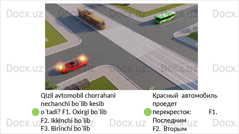 Qizil avtomobil chorrahani 
nechanchi   bo`lib   kesib  
o`tadi? F1. Oxirgi bo`lib
F2.   Ikkinchi   bo`lib 
F3.   Birinchi   bo`lib Красный   автомобиль
проедет
перекресток:   F1.
Последним
F2.   Вторым 