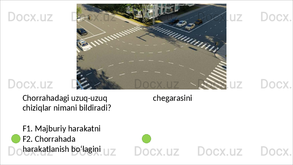 Chorrahadagi uzuq-uzuq 
chiziqlar   nimani   bildiradi?
F1.   Majburiy   harakatni
F2.   Chorrahada  
harakatlanish bo‘lagini  chegarasini 