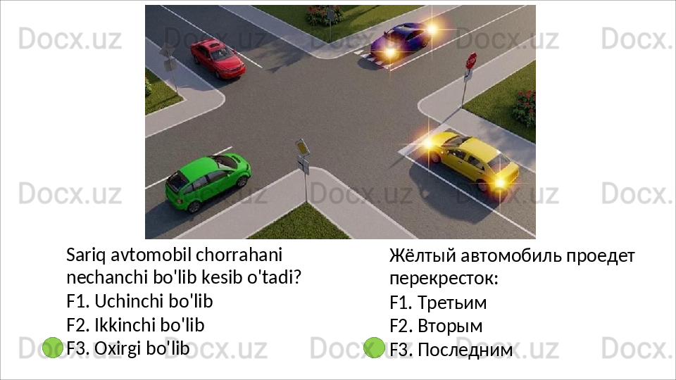 Sariq avtomobil chorrahani 
nechanchi   bo'lib   kesib   o'tadi?
F1. Uchinchi bo'lib
F2.   Ikkinchi   bo'lib 
F3. Oxirgi bo'lib Жёлтый   автомобиль   проедет 
перекресток:
F1.   Третьим 
F2. Вторым
F3.   Последним 
