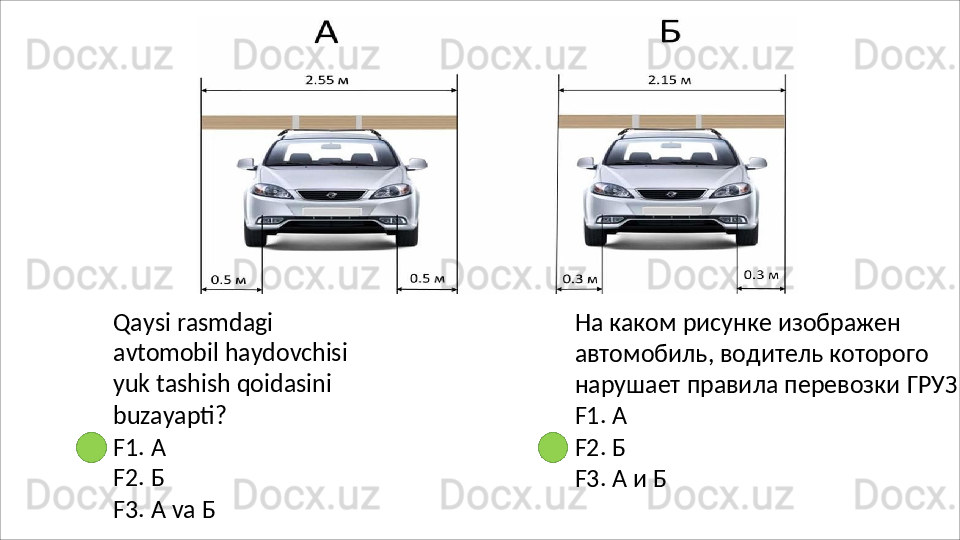 Qaysi rasmdagi 
avtomobil   haydovchisi
yuk tashish qoidasini 
buzayapti?
F1.   А 
F2.   Б
F3.   А   va   Б На каком рисунке изображен 
автомобиль, водитель которого 
нарушает   правила   перевозки   ГРУЗ
F1. А
F2.   Б
F3.   А   и   Б 