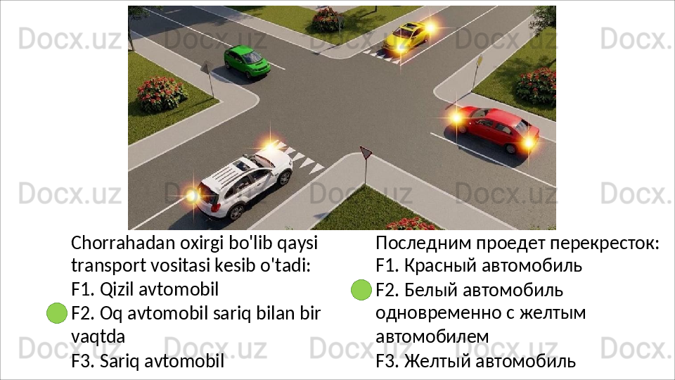 Chorrahadan   oxirgi   bo'lib   qaysi
transport vositasi kesib o'tadi: 
F1. Qizil avtomobil
F2.   Oq   avtomobil   sariq   bilan   bir
vaqtda
F3.   Sariq   avtomobil Последним   проедет   перекресток: 
F1. Красный автомобиль
F2. Белый автомобиль 
одновременно   с   желтым 
автомобилем
F3.   Желтый   автомобиль