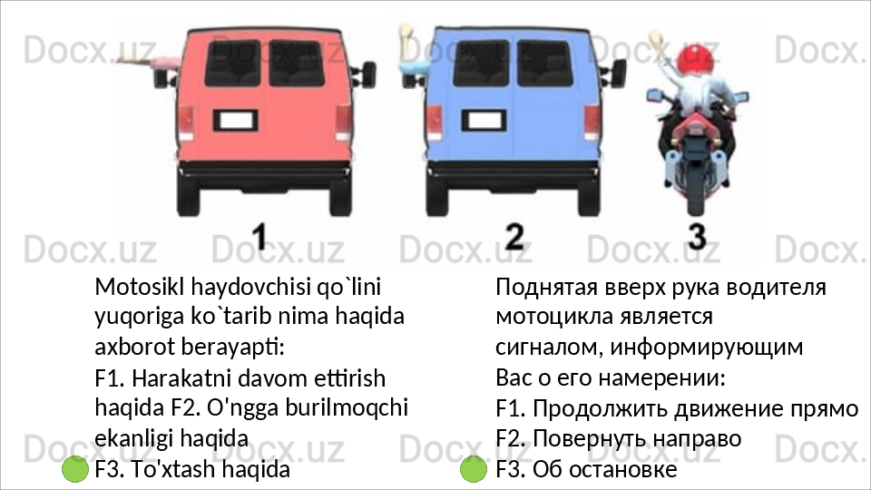 Motosikl haydovchisi qo`lini 
yuqoriga   ko`tarib   nima   haqida 
axborot berayapti:
F1.   Harakatni   davom   ettirish  
haqida F2. O'ngga burilmoqchi 
ekanligi  haqida
F3.   To'xtash   haqida Поднятая   вверх   рука   водителя
мотоцикла   является  
сигналом, информирующим 
Вас о его  намерении:
F1.   Продолжить   движение   прямо 
F2. Повернуть направо
F3.   Об   остановке 