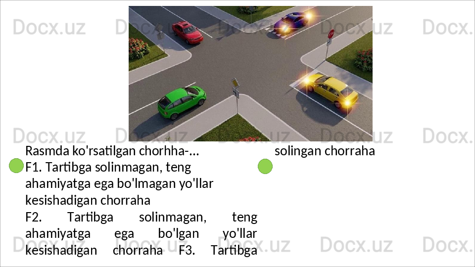 Rasmda ko'rsatilgan chorhha- ...
F1.   Tartibga   solinmagan,   teng  
ahamiyatga ega bo'lmagan yo'llar 
kesishadigan  chorraha
F2.   Tartibga   solinmagan,   teng
ahamiyatga   ega   bo'lgan   yo'llar
kesishadigan   chorraha   F3.   Tartibga solingan chorraha 