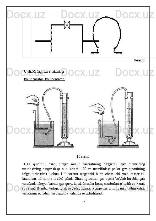                                                                                                                     9-rasm
U shaklidagi Lir shaklidagi
kompensator. kompensator.
                                                         10-rasm
Gaz   quvurini   o'rab   turgan   muhit   haroratining   o'zgarishi   gaz   quvurining
uzunligining   o'zgarishiga   olib   keladi.   100   m   uzunlikdagi   po'lat   gaz   quvurining
to'g'ri   uchastkasi   uchun   1   °   harorat   o'zgarishi   bilan   cho'zilishi   yoki   qisqarishi
taxminan 1,2 mm ni tashkil qiladi. Shuning uchun, gaz oqimi bo'ylab hisoblangan
vanalardan keyin barcha gaz quvurlarida linzalar kompensatorlari o'rnatilishi kerak
(3-rasm). Bundan tashqari, ish paytida, linzalar kompensatorining mavjudligi eshik
vanalarini o'rnatish va demontaj qilishni osonlashtiradi.
18 