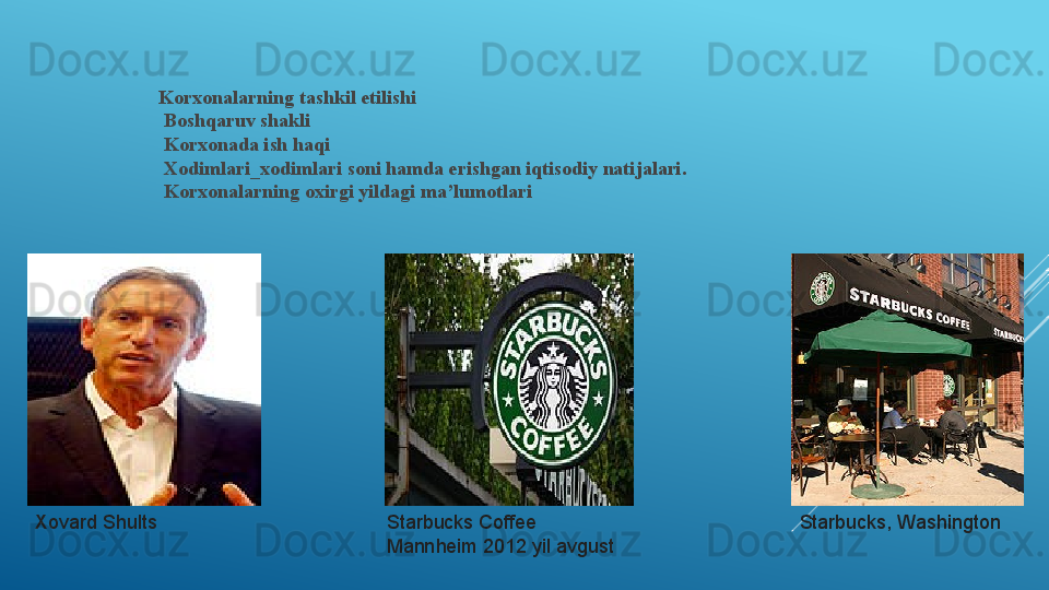 Korxonalarning tashkil etilishi
  Boshqaruv shakli
  Korxonada ish haqi
  Xodimlari_xodimlari soni hamda erishgan iqtisodiy natijalari.
  Korxonalarning oxirgi yildagi ma’lumotlari
Xovard Shults Starbucks Coffee 
Mannheim 2012 yil avgust Starbucks, Washington 