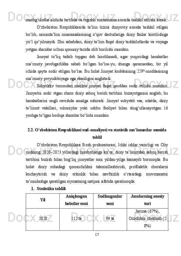 mashg‘ulotlar alohida tartibda va tegishli ruxsatnoma asosida tashkil etilishi kerak.
O‘zbekiston   Respublikasida   ta’lim   tizimi   dunyoviy   asosda   tashkil   etilgan
bo‘lib,   umumta’lim   muassasalarining   o‘quv   dasturlariga   diniy   fanlar   kiritilishiga
yo‘l qo‘yilmaydi.   Shu sababdan, diniy ta’lim faqat diniy tashkilotlarda va voyaga
yetgan shaxslar uchun qonuniy tarzda olib borilishi mumkin.
Jinoyat   to‘liq   tarkib   topgan   deb   hisoblanadi,   agar   yuqoridagi   harakatlar
ma’muriy   javobgarlikka   sabab   bo‘lgan   bo‘lsa-yu,   shunga   qaramasdan,   bir   yil
ichida qayta sodir  etilgan bo‘lsa. Bu holat Jinoyat  kodeksining 229²-moddasining
ma’muriy preyuditsiyaga ega ekanligini anglatadi.
Subyektiv   tomondan   mazkur   jinoyat   faqat   qasddan   sodir   etilishi   mumkin.
Jinoyatni   sodir   etgan   shaxs   diniy   saboq   berish   tartibini   buzayotganini   anglab,   bu
harakatlarini   ongli   ravishda   amalga   oshiradi.   Jinoyat   subyekti   esa,   odatda,   diniy
ta’limot   vakillari,   ruhoniylar   yoki   ushbu   faoliyat   bilan   shug‘ullanayotgan   16
yoshga to‘lgan boshqa shaxslar bo‘lishi mumkin.
2.2. O‘zbekiston Respublikasi sud-amaliyoti va statistik ma’lumotlar asosida
tahlil
O‘zbekiston  Respublikasi   Bosh   prokuraturasi,   Ichki   ishlar   vazirligi  va  Oliy
sudining 2020–2023 yillardagi hisobotlariga ko‘ra, diniy ta’limotdan saboq berish
tartibini   buzish   bilan   bog‘liq   jinoyatlar   soni   yildan-yilga   kamayib   bormoqda.   Bu
holat   diniy   sohadagi   qonunchilikni   takomillashtirish,   profilaktik   choralarni
kuchaytirish   va   diniy   erkinlik   bilan   xavfsizlik   o‘rtasidagi   muvozanatni
ta’minlashga qaratilgan siyosatning natijasi sifatida qaralmoqda.
1. Statistika tahlili
Yil Aniqlangan
holatlar soni Sudlanganlar
soni Jazolarning asosiy
turi
2020 112 ta 94 ta Jarima (67%),
Ozodlikni cheklash (2
8%)
17 