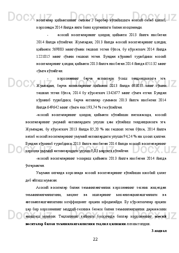 воситалар   қийматининг   салкам   2   баробар   кўпайишига   асосий   сабаб   қилиб,
корхонада 2014 йилда янги бино қурганлиги билан изоҳланади. 
- асосий   воситаларнинг   қолдиқ   қиймати   2013   йилга   нисбатан
2014   йилда   кўпайган.   Жумладан,   2013   йилда   асосий   воситаларнинг   қолдиқ
қиймати   569883   мингсўмни   ташкил   этган   бўлса,   бу   кўрсаткич   2014   йилда
1221015   минг   сўмни   ташкил   этган.   Бундан   кўриниб   турибдики   асосий
воситаларнинг қолдиқ қиймати 2013 йилга нисбатан 2014 йилда 651132 минг
сўмга кўпайган. 
- корхонанинг   барча   активлари   ўсиш   тенденциясига   эга.
Жумладан,   барча   активларнинг   қиймати   2013   йилда   693035   минг   сўмни
ташкил   этган   бўлса,   2014   бу   кўрсаткич   1342677   минг   сўмга   етган.   Бундан
кўриниб   турибдики,   барча   активлар   суммаси   2013   йилга   нисбатан   2014
йилда 649642 минг сўмга ёки 193,74 % га кўпайган. 
-асосий   воситаларнинг   қолдиқ   қиймати   кўпайиши   натижасида,   асосий
воситаларнинг   умумий   активлардаги   улуши   ҳам   кўпайиш   тенденциясига   эга.
Жумладан,   бу   кўрсаткич   2013   йилда   85,20   %   ни   ташкил   этган   бўлса,   2014   йилга
келиб асосий воситаларнинг умумий активлардаги улуши 94,24 % ни ҳосил қилган.
Бундан кўриниб турибдики 2013 йилга нисбатан 2014 йилда асосий воситаларнинг
корхона умумий активларидаги улуши 9,03 мартага кўпайган. 
-асосий   воситаларнинг   эскириш   қиймати   2013   йилга   нисбатан   2014   йилда
ўзгармаган. 
Умуман   олганда   корхонада   асосий   воситаларнинг   кўпайиши   ижобий   ҳолат
деб айтиш мумкин. 
Асосий   воситалар   билан   таъминланганлик   корхонанинг   техник   жиҳатдан
таъминланганлигини,   меҳнат   ва   ишларнинг   механизациялашганлиги   ва
автоматлашганлигини   коэффициент   орқали   ифодалайди.   Бу   кўрсаткичлар   орқали
ҳар   бир   корхонанинг   моддий-техника   базаси   билан   таъминланганлик   даражасини
аниқлаш   мумкин.   Таҳлилнинг   кейинги   босқичида   бизлар   корхонанинг   асосий
воситалар билан таъминланганлигини таҳлил қилишни  лозим топдик.  
3-жадвал 
  22