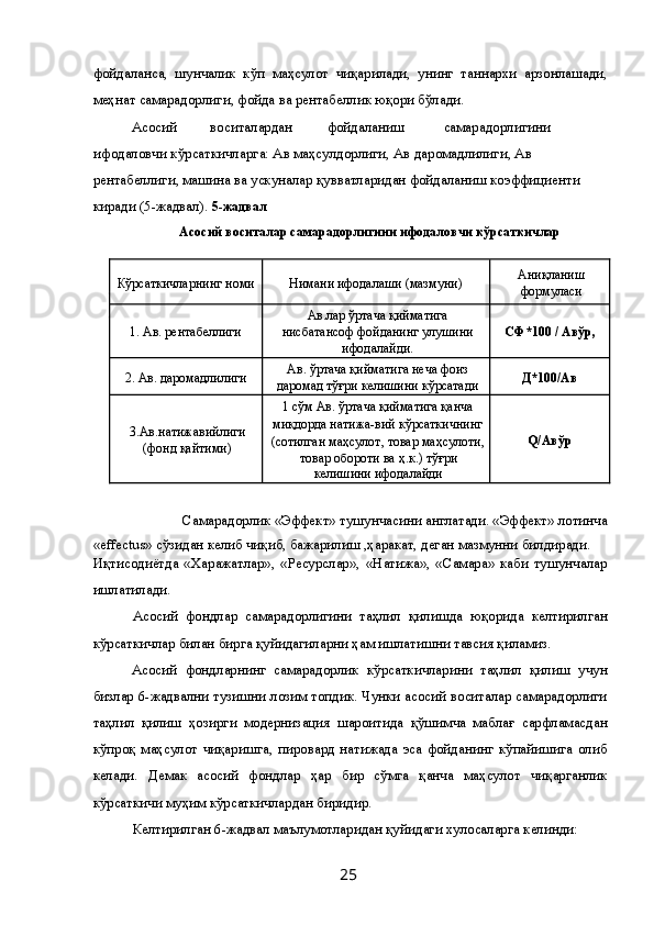 фойдаланса,   шунчалик   кўп   маҳсулот   чиқарилади,   унинг   таннархи   арзонлашади,
меҳнат самарадорлиги, фойда ва рентабеллик юқори бўлади. 
Асосий  воситалардан  фойдаланиш  самарадорлигини 
ифодаловчи кўрсаткичларга: Ав маҳсулдорлиги, Ав даромадлилиги, Ав 
рентабеллиги, машина ва ускуналар қувватларидан фойдаланиш коэффициенти 
киради (5-жадвал).  5-жадвал 
Асосий воситалар самарадорлигини ифодаловчи кўрсаткичлар 
 
Кўрсаткичларнинг номи  Нимани ифодалаши (мазмуни)  Аниқланиш
формуласи 
1. Ав. рентабеллиги  Ав.лар ўртача қийматига
нисбатансоф фойданинг улушини
ифодалайди.  СФ*100 / Авўр, 
2. Ав. даромадлилиги  Ав. ўртача қийматига неча фоиз
даромад тўғри келишини кўрсатади  Д*100/Ав 
3.Ав.натижавийлиги
(фонд қайтими)  1 сўм Ав. ўртача қийматига қанча
миқдорда натижа-вий кўрсаткичнинг 
(сотилган маҳсулот, товар маҳсулоти,
товар обороти ва ҳ.к.) тўғри
келишини ифодалайди  Q/Авўр 
 
Самарадорлик «Эффект» тушунчасини англатади. «Эффект» лотинча 
«effectus» сўзидан келиб чиқиб, бажарилиш ,ҳаракат, деган мазмунни билдиради. 
Иқтисодиётда   «Харажатлар»,   «Ресурслар»,   «Натижа»,   «Самара»   каби   тушунчалар
ишлатилади. 
Асосий   фондлар   самарадорлигини   таҳлил   қилишда   юқорида   келтирилган
кўрсаткичлар билан бирга қуйидагиларни ҳам ишлатишни тавсия қиламиз. 
Асосий   фондларнинг   самарадорлик   кўрсаткичларини   таҳлил   қилиш   учун
бизлар 6-жадвални тузишни лозим топдик. Чунки асосий воситалар самарадорлиги
таҳлил   қилиш   ҳозирги   модернизация   шароитида   қўшимча   маблағ   сарфламасдан
кўпроқ   маҳсулот   чиқаришга,   пировард   натижада   эса   фойданинг   кўпайишига   олиб
келади.   Демак   асосий   фондлар   ҳар   бир   сўмга   қанча   маҳсулот   чиқарганлик
кўрсаткичи муҳим кўрсаткичлардан биридир.  
Келтирилган 6-жадвал маълумотларидан қуйидаги хулосаларга келинди: 
  25