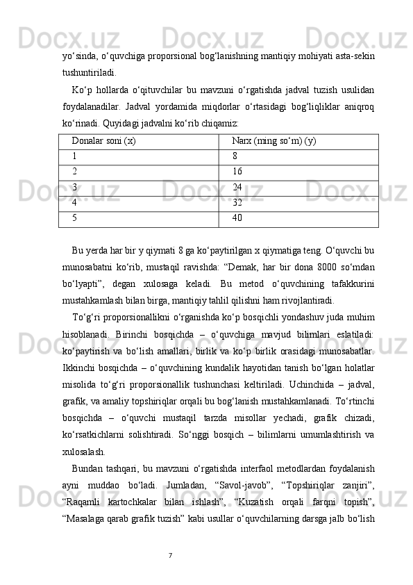 7yo‘sinda, o‘quvchiga proporsional bog‘lanishning mantiqiy mohiyati asta-sekin
tushuntiriladi.
Ko‘p   hollarda   o‘qituvchilar   bu   mavzuni   o‘rgatishda   jadval   tuzish   usulidan
foydalanadilar.   Jadval   yordamida   miqdorlar   o‘rtasidagi   bog‘liqliklar   aniqroq
ko‘rinadi. Quyidagi jadvalni ko‘rib chiqamiz:
Donalar soni (x) Narx (ming so‘m) (y)
1 8
2 16
3 24
4 32
5 40
Bu yerda har bir y qiymati 8 ga ko‘paytirilgan x qiymatiga teng. O‘quvchi bu
munosabatni   ko‘rib,   mustaqil   ravishda:   “Demak,   har   bir   dona   8000   so‘mdan
bo‘lyapti”,   degan   xulosaga   keladi.   Bu   metod   o‘quvchining   tafakkurini
mustahkamlash bilan birga, mantiqiy tahlil qilishni ham rivojlantiradi.
To‘g‘ri proporsionallikni o‘rganishda ko‘p bosqichli yondashuv juda muhim
hisoblanadi.   Birinchi   bosqichda   –   o‘quvchiga   mavjud   bilimlari   eslatiladi:
ko‘paytirish   va   bo‘lish   amallari,   birlik   va   ko‘p   birlik   orasidagi   munosabatlar.
Ikkinchi   bosqichda   –   o‘quvchining   kundalik   hayotidan   tanish   bo‘lgan   holatlar
misolida   to‘g‘ri   proporsionallik   tushunchasi   keltiriladi.   Uchinchida   –   jadval,
grafik, va amaliy topshiriqlar orqali bu bog‘lanish mustahkamlanadi. To‘rtinchi
bosqichda   –   o‘quvchi   mustaqil   tarzda   misollar   yechadi,   grafik   chizadi,
ko‘rsatkichlarni   solishtiradi.   So‘nggi   bosqich   –   bilimlarni   umumlashtirish   va
xulosalash.
Bundan   tashqari,   bu   mavzuni   o‘rgatishda   interfaol   metodlardan   foydalanish
ayni   muddao   bo‘ladi.   Jumladan,   “Savol-javob”,   “Topshiriqlar   zanjiri”,
“Raqamli   kartochkalar   bilan   ishlash”,   “Kuzatish   orqali   farqni   topish”,
“Masalaga qarab grafik tuzish” kabi usullar o‘quvchilarning darsga jalb bo‘lish 