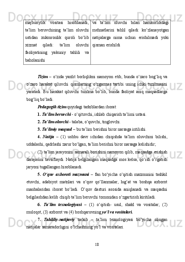 majburiylik   vositasi   hisoblanadi,
ta’lim   beruvchining   ta’lim   oluvchi
ustidan   xukmronlik   quroli   bo‘lib
xizmat   qiladi:   ta’lim   oluvchi
faoliyatining   yakuniy   tahlili   va
baholanishi va   ta’lim   oluvchi   bilan   hamkorlikdagi
mehnatlarini   tahlil   qiladi:   ko‘zlanayotgan
natijalarga   nima   uchun   erishilmadi   yoki
qisman erishildi 
Tizim   –   o‘zida   yaxlit   borliqlikni   namoyon   etib,   bunda   o‘zaro   bog‘liq   va
o‘zaro   harakat   qiluvchi   qismlarning   o‘zgarmas   tartibi   uning   ichki   tuzilmasini
yaratadi.   Bu   harakat   qiluvchi   tuzilma   bo‘lib,   bunda   faoliyat   aniq   maqsadlarga
bog‘liq bo‘ladi.
Pedagogik tizim   quyidagi tarkiblardan iborat:
1.  Ta’lim beruvchi  -  o‘qituvchi, ishlab chiqarish ta’limi ustasi.
2.  Ta’lim oluvchi  -  talaba, o‘quvchi, tinglovchi.
3.  Ta’limiy maqsad  –  bu ta’lim berishni biror narsaga intilishi.
4.   Natija   –   (1)   ushbu   davr   ichidan   chiqishda   ta’lim   oluvchini   bilishi,
uddalashi, qadrlashi zarur bo‘lgan, ta’lim berishni biror narsaga kelishidir;
(2) ta’lim jarayonini samarali borishini namoyon qilib, maqsadga erishish
darajasini   tavsiflaydi.  Natija   belgilangan   maqsadga   mos   kelsa,   qo‘ish   o‘rgatish
jaryoni tugallangan hisoblanadi. 
5.   O‘quv   axboroti   mazmuni   –   fan   bo‘yicha   o‘qitish   mazmunini   tashkil
etuvchi,   adabiyot   matnlari   va   o‘quv   qo‘llanmalar,   lug‘at   va   boshqa   axborot
manbalaridan   iborat   bo‘ladi.   O‘quv   dasturi   asosida   aniqlanadi   va   maqsadni
belgilashdan kelib chiqib ta’lim beruvchi tomonidan o‘zgartirish kiritiladi.
6.   Ta’lim   texnologiyasi   –   (1)   o‘qitish-   usul,   shakl   va   vositalar;   (2)
muloqot, (3) axborot va (4) boshqaruvning  yo‘l va vositalari.
7.   Tahliliy-natijaviy   tarkib   –   ta’lim   texnologiyasi   bo‘yicha   olingan
natijalar samaradorligini o‘lchashning yo‘l va vositalari.
18 