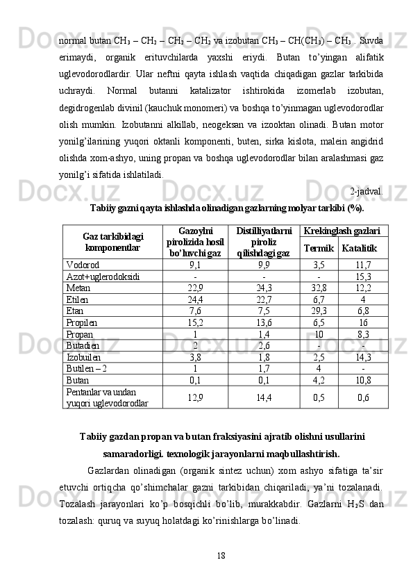 normal butan CH
3  – CH
2  – CH
2  – CH
2  va izobutan CH
3   – CH(CH
3 ) – CH
3  . Suvda
erimaydi,   organik   erituvchilarda   yaxshi   eriydi.   Butan   t о ’yingan   alifatik
uglevodorodlardir.   Ular   neftni   qayta   ishlash   vaqtida   chiqadigan   gazlar   tarkibida
uchraydi.   Normal   butanni   katalizator   ishtirokida   izomerlab   izobutan,
degidrogenlab divinil (kauchuk monomeri) va boshqa t о ’yinmagan uglevodorodlar
olish   mumkin.   Izobutanni   alkillab,   neogeksan   va   izooktan   olinadi.   Butan   motor
yonilg’ilarining   yuqori   oktanli   komponenti,   buten,   sirka   kislota,   malein   angidrid
olishda xom-ashyo, uning propan va boshqa uglevodorodlar bilan aralashmasi gaz
yonilg’i sifatida ishlatiladi.
2-jadval.
Tabiiy gazni qayta ishlashda olinadigan gazlarning molyar tarkibi (%).
Gaz tarkibidagi
komponentlar   Gazoylni
pirolizida hosil
bо’luvchi gaz  Distilliyatlarni
piroliz
qilishdagi gaz Krekinglash gazlari
Termik Katalitik
Vodorod 9,1 9,9 3,5 11,7
Azot + uglerodoksidi - - - 15,3
Metan 22,9 24,3 32,8 12,2
Etilen 24,4 22,7 6,7 4
Etan 7,6 7,5 29,3 6,8
Propilen 15,2 13,6 6,5 16
Propan   1 1,4 10 8,3
Butadien 2 2,6 - -
Izobuilen 3,8 1,8 2,5 14,3
Butilen  – 2  1 1,7 4 -
Butan 0,1 0,1 4,2 10,8
Pentanlar va undan 
yuqori   uglevodorodlar 12,9 14,4 0,5 0,6
 T abiiy gazdan propan va butan fra ksiyas ini ajratib olishni usullarini
samaradorligi.   texnologik jarayonlarni maqbullashtirish.
  Gazlardan   olinadigan   (organik   sintez   uchun)   xom   ashyo   sifatiga   ta’sir
etuvchi   ortiqcha   qо’shimchalar   gazni   tarkibidan   chiqariladi,   ya’ni   tozalanadi.
Tozalash   jarayonlari   kо’p   bosqichli   bо’lib,   murakkabdir.   Gazlarni   H
2 S   dan
tozalash: quruq va suyuq holatdagi kо’rinishlarga bо’linadi.
18 