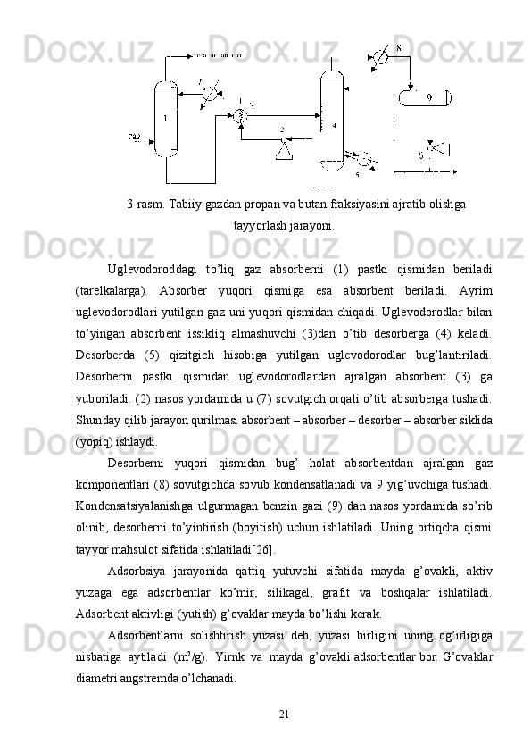 3 -rasm. Tabiiy gazdan propan va butan fraksiyasini ajratib olishga
tayyorlash jarayoni.
Uglevodoroddagi   tо’liq   gaz   absorberni   (1)   pastki   qismidan   beriladi
(tarelkalarga).   Absorber   yuqori   qismiga   esa   absorbent   beriladi.   Ayrim
uglevodorodlari yutilgan gaz uni yuqori qismidan chiqadi. Uglevodorodlar bilan
tо’yingan   absorbent   issikliq   almashuvchi   (3)dan   о’tib   desorberga   (4)   keladi.
Desorberda   (5)   qizitgich   hisobiga   yutilgan   uglevodorodlar   bug’lantiriladi.
Desorberni   pastki   qismidan   uglevodorodlardan   ajralgan   absorbent   (3)   ga
yuboriladi. (2)  nasos  yordamida u (7) sovutgich orqali  о’tib absorberga tushadi.
Shunday qilib  jarayon qurilmasi absorbent – absorber – desorber – absorber siklida
(yopiq) ishlaydi.
Desorberni   yuqori   qismidan   bug’   holat   absorbentdan   ajralgan   gaz
komponentlari   (8)   sovutgichda   sovub   kondensatlanadi   va   9  yig’uvchiga   tushadi.
Kondensatsiyalanishga   ulgurmagan   benzin   gazi   (9)   dan   nasos   yordamida   sо’rib
olinib,   desorberni   tо’yintirish   (boyitish)   uchun   ishlatiladi.   Uning   ortiqcha   qismi
tayyor mahsulot sifatida ishlatiladi[26].
Adsorbsiya   jarayonida   qattiq   yutuvchi   sifatida   mayda   g’ovakli,   aktiv
yuzaga   ega   adsorbentlar   kо’mir,   silikagel,   grafit   va   boshqalar   ishlatiladi.
Adsorbent aktivligi (yutish) g’ovaklar mayda bо’lishi kerak.
Adsorbentlarni   solishtirish   yuzasi   deb,   yuzasi   birligini   uning   og’irligiga
nisbatiga  aytiladi   (m 2
/g).  Yirnk  va  mayda  g’ovakli adsorbentlar bor. G’ovaklar
diametri angstremda о’lchanadi.
21 