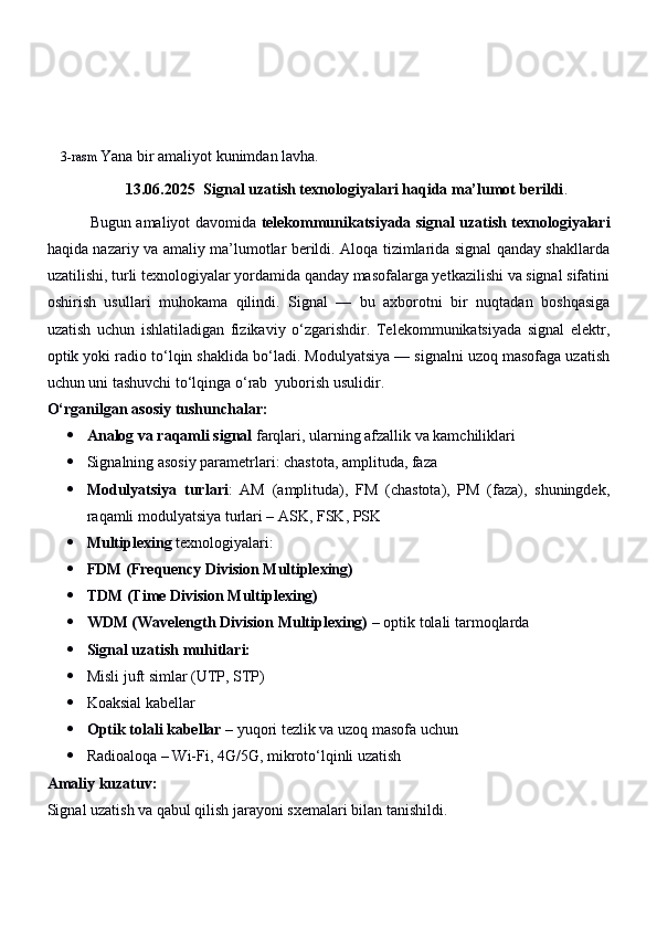      3-rasm  Yana bir amaliyot kunimdan lavha.
13.06.2025 Signal uzatish texnologiyalari haqida ma’lumot berildi .
                 Bugun amaliyot davomida   telekommunikatsiyada signal uzatish texnologiyalari
haqida nazariy va amaliy ma’lumotlar berildi. Aloqa tizimlarida signal qanday shakllarda
uzatilishi, turli texnologiyalar yordamida qanday masofalarga yetkazilishi va signal sifatini
oshirish   usullari   muhokama   qilindi.   Signal   —   bu   axborotni   bir   nuqtadan   boshqasiga
uzatish   uchun   ishlatiladigan   fizikaviy   o‘zgarishdir.   Telekommunikatsiyada   signal   elektr,
optik yoki radio to‘lqin shaklida bo‘ladi. Modulyatsiya — signalni uzoq masofaga uzatish
uchun uni tashuvchi to‘lqinga o‘rab  yuborish usulidir.
O‘rganilgan asosiy tushunchalar:
 Analog va raqamli signal  farqlari, ularning afzallik va kamchiliklari
 Signalning asosiy parametrlari: chastota, amplituda, faza
 Modulyatsiya   turlari :   AM   (amplituda),   FM   (chastota),   PM   (faza),   shuningdek,
raqamli modulyatsiya turlari – ASK, FSK, PSK
 Multiplexing  texnologiyalari:
 FDM (Frequency Division Multiplexing)
 TDM (Time Division Multiplexing)
 WDM (Wavelength Division Multiplexing)  – optik tolali tarmoqlarda
 Signal uzatish muhitlari:
 Misli juft simlar (UTP, STP)
 Koaksial kabellar
 Optik tolali kabellar  – yuqori tezlik va uzoq masofa uchun
 Radioaloqa – Wi-Fi, 4G/5G, mikroto‘lqinli uzatish
Amaliy kuzatuv:
Signal uzatish va qabul qilish jarayoni sxemalari bilan tanishildi. 