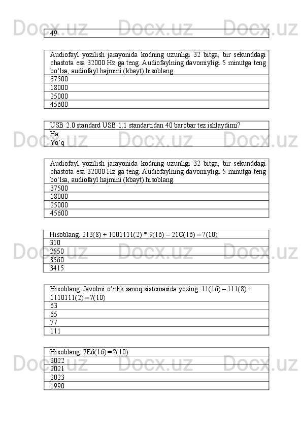 49
Audiofayl   yozilish   jarayonida   kodning   uzunligi   32   bitga,   bir   sekunddagi
chastota esa 32000 Hz ga teng. Audiofaylning davomiyligi 5 minutga teng
bo‘lsa, audiofayl hajmini (kbayt) hisoblang.
37500
18000
25000
45600
USB 2.0 standard USB 1.1 standartidan 40 barobar tez ishlaydimi?
Ha
Yo’q
Audiofayl   yozilish   jarayonida   kodning   uzunligi   32   bitga,   bir   sekunddagi
chastota esa 32000 Hz ga teng. Audiofaylning davomiyligi 5 minutga teng
bo‘lsa, audiofayl hajmini (kbayt) hisoblang.
37500
18000
25000
45600
Hisoblang. 213(8) + 1001111(2) * 9(16) – 21C(16) = ?(10)
310
2550
3560
3415
Hisoblang. Javobni o’nlik sanoq sistemasida yozing. 11(16) – 111(8) + 
1110111(2)
  = ?(10)
63
65
77
111
Hisoblang. 7E6(16)
  = ?(10)
2022
2021
2023
1990 