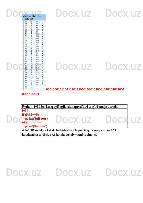 0101100101101111011101010101010001110101011001
0001100101
Python. i=16 bo’lsa, quyidagilardan qaysi biri to’g’ri natija beradi.
i=16
if (i%2==0):
    print('juft son')
else:
    print('toq son')
A1=5, B1=6 ikkita katakcha birlashtirilib pastki qora nuqtasidan BA1 
katakgacha tortildi. BA1 katakdagi qiymatni toping.  57 