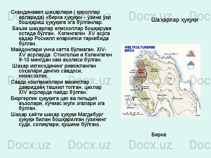 Шаҳарлар ҳуқуқиСкандинавия шаҳарлари ( қироллар 
ерларида) «бирка ҳуқуқи» -  ўзини ўзи 
бошқариш ҳуқуқига эга бўлганлар.
  Баъзи шаҳарлар епископлар бошқаруви 
остида бўлган.  Копенгаген   XV  асрга 
қадар Роскилл епархияси таркибида 
бўлган. 
Майдонлари унча катта бўлмаган.  XIV -
XV  асрларда  Стокгольм и Копенгаген 
9-10 мингдан кам аҳолиси бўлган.
  Шаҳар иқтисодининг ривожланган 
соҳалари денгиз савдоси, 
кемасозлик. 
Савдо компаниялари викинглар 
давридаёқ ташкил топган, цехлар  
XIV  асрларда пайдо бўлган. 
Бюргерлик ҳуқуқига цех ва гильдия 
аъзолари, кўчмас мулк эгалари эга 
бўлган. 
Шаҳар ҳаёти шаҳар ҳуқуқи Магдебург 
ҳуқуқи билан бошқарилган (ўзининг 
суди, солиқлари, қўшини бўлган).
Бирка 