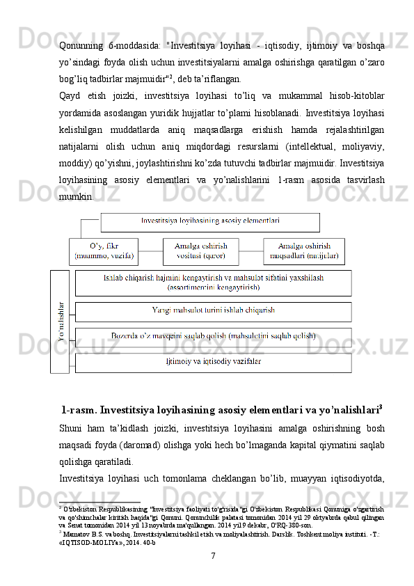 7Qonunning   6-moddasida:   "Investitsiya   loyihasi   -   iqtisodiy,   ijtimoiy   va   boshqa
yo’sindagi   foyda   olish   uchun   investitsiyalarni   amalga   oshirishga   qaratilgan   o’zaro
bog’liq tadbirlar   majmuidir" 2
,   deb   ta’riflangan.
Qayd   etish   joizki,   investitsiya   loyihasi   to’liq   va   mukammal   hisob-kitoblar
yordamida   asoslangan   yuridik   hujjatlar   to’plami   hisoblanadi.   Investitsiya   loyihasi
kelishilgan   muddatlarda   aniq   maqsadlarga   erishish   hamda   rejalashtirilgan
natijalarni   olish   uchun   aniq   miqdordagi   resurslarni   (intellektual,   moliyaviy,
moddiy) qo’yishni,   joylashtirishni   ko’zda   tutuvchi   tadbirlar   majmuidir.   Investitsiya
loyihasining   asosiy   elementlari   va   yo’nalishlarini   1-rasm   asosida   tasvirlash
mumkin.
1-rasm.   Investitsiya   loyihasining   asosiy   elementlari   va   yo’nalishlari 3
Shuni   ham   ta’kidlash   joizki,   investitsiya   loyihasini   amalga   oshirishning   bosh
maqsadi foyda (daromad) olishga   yoki   hech bo’lmaganda   kapital qiymatini   saqlab
qolishga   qaratiladi.
Investitsiya   loyihasi   uch   tomonlama   cheklangan   bo’lib,   muayyan   iqtisodiyotda,
2
  O'zbekiston Respublikasining "Investitsiya faoliyati  to'g'risida"gi O'zbekiston Respublikasi Qonuniga o'zgartirish
va   qo'shimchalar  kiritish haqida"gi Qonuni. Qonunchilik palatasi  tomonidan 2014 yil  29 oktyabrda  qabul  qilingan
va Senat   tomonidan   2014   yil 13   noyabrda   ma'qullangan. 2014   yil 9 dekabr,   O'RQ-380-son.
3
 Mamatov   B.S.   va   boshq.   Investitsiyalarni   tashkil   etish   va   moliyalashtirish.   Darslik.   Toshkent   moliya   instituti.   -T.:
«IQTISOD-MOLIYa»,   2014.   40-b 