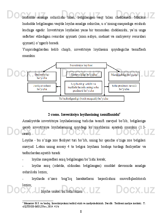 8hududda   amalga   oshirilishi   bilan,   belgilangan   vaqt   bilan   cheklanadi.   Mazkur
hududda   belgilangan vaqtda loyiha amalga oshirilsa, u o’zining maqsadiga erishish
kuchiga   egadir.   Investitsiya   loyihalari   yana   bir   tomondan   cheklanishi,   ya’ni   unga
safarbar   etiladigan   resurslar   qiymati   (xom   ashyo,   mehnat   va   moliyaviy   resurslari
qiymati)   o’zgarib   boradi.
Yuqoridagilardan   kelib   chiqib,   investitsiya   loyihasini   quyidagicha   tasniflash
mumkin:
2-rasm.   Investitsiya   loyihasining   tasniflanishi 4
Amaliyotda   investitsiya   loyihalarining   turlicha   tasnifi   mavjud   bo’lib,   belgilariga
qarab   investitsiya   loyihalarining   quyidagi   ko’rinishlarini   ajratish   mumkin   (1.3-
rasm).
Loyiha   -   bu   o’ziga   xos   faoliyat   turi   bo’lib,   uning   bir   qancha   o’ziga   xos   belgilari
mavjud.   Lekin   uning   asosiy   4   ta   belgisi   loyihani   boshqa   turdagi   faoliyatlar   va
tadbirlardan   ajratib   turadi:
- loyiha   maqsadlari   aniq   belgilangan bo’lishi   kerak;
- loyiha   aniq   (odatda,   oldindan   belgilangan)   muddat   davomida   amalga
oshirilishi   lozim;
- loyihada   o’zaro   bog’liq   harakatlarni   bajarilishini   muvofiqlashtirish
lozim;
- loyiha   unikal   bo’lishi   lozim.
4
  Mamatov B.S. va boshq. Investitsiyalarni tashkil etish va moliyalashtirish. Darslik. Toshkent moliya instituti.   T.:
«IQTISOD-MOLIYa», 2014.   41-b 