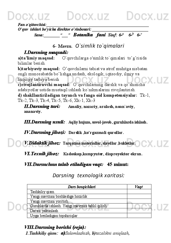 Fan o`qituvchisi:___________________________________________________
O’quv  ishlari bo’yicha direktor o’rinbosari:  ____________________________ 
          Sana:________“___”    Botanika   fani   Sinf: 6- a       
6- b     
6- v
6- Mavzu .     O`simlik  t o`qimalari
I.Darsning maqsadi:
a)ta’limiy maqsad:       O’quvchilarga  o'simlik to`qimalari   to’g’risida 
bilimlar berish.
b)tarbiyaviy maqsad:   O’quvchilarni tabiat va atrof muhitga nisbatan 
ongli munosabatda bo’lishga undash, ekologik, iqtisodiy, ilmiy va 
huquqiy tarbiya berish
c)rivojlantiruvchi maqsad:   O`quvchilarning darslik va qo`shimcha 
adabiyotlar ustida mustaqil ishlash ko`nikmalarini rivojlantirish.
d) shakllantiriladigan tayanch va fanga oid kompetensiyalar:   Tk-1, 
Tk-2, Tk-3, Tk-4, Tk-5, Tk-6, Xk-1, Xk-3
II.Darsning turi:        Amaliy, nazariy, aralash, noan`aviy, 
ananaviy.
III.Darsning usuli:   .  Aqliy hujum, savol-javob, guruhlarda ishlash .
IV.Darsning jihozi:    Darslik ,ko’rgazmali qurollar. 
V.Didaktik jihoz:     Tarqatma materiallar, slaydlar ,bukletlar.
VI.Texnik jihoz:      Kadoskop,kampyuter, diaproyektor ekran.
VII.Darsuchun talab etiladigan vaqt:    45 minut:  
Darsning  t e xnologik  xarit asi:
Dars bosqichlari       Vaqt
Tashkiliy qism. 
Yangi mavzuni boshlashga hozirlik
Ya ngi mavzuni yoritish
Guruhlarda ishlash. Yangi mavzuni tahlil qilish
Darsni yakunlash
Uyga beriladigan topshiriqlar 
VIII.Darsning borishi (reja):
1.Tashkiliy qism :   a) Salomlashish,  b) tozalikni aniqlash,  