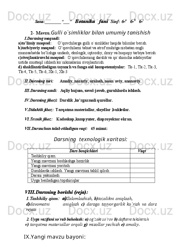            Sana:________“___”    Botanika   fani   Sinf: 6- a     
6- b     
6- v
2- Mavzu . Gulli o`simlik lar bilan umumiy  t anishish  
I.Darsning maqsadi:
a)ta’limiy maqsad:       O’quvchilarga gulli o`simliklar haqida bilimlar berish.
b)tarbiyaviy maqsad:   O’quvchilarni tabiat va atrof muhitga nisbatan ongli 
munosabatda bo’lishga undash, ekologik, iqtisodiy, ilmiy va huquqiy tarbiya berish
c)rivojlantiruvchi maqsad:   O`quvchilarning darslik va qo`shimcha adabiyotlar 
ustida mustaqil ishlash ko`nikmalarini rivojlantirish.
d) shakllantiriladigan tayanch va fanga oid kompetensiyalar:   Tk-1, Tk-2, Tk-3,
Tk-4, Tk-5, Tk-6, Xk-1, Xk-3
II.Darsning turi:        Amaliy, nazariy, aralash, noan`aviy, ananaviy.
III.Darsning usuli:  .  Aqliy hujum, savol-javob, guruhlarda ishlash.
IV.Darsning jihozi:    Darslik ,ko’rgazmali qurollar. 
V.Didaktik jihoz:   Tarqatma materiallar, slaydlar ,bukletlar.
VI.Texnik jihoz:      Kadoskop,kampyuter, diaproyektor ekran.
VII.Darsuchun talab etiladigan vaqt:    45 minut:  
Darsning  t e xnologik  xarit asi:
Dars bosqichlari       Vaqt
Tashkiliy qism. 
Yangi mavzuni boshlashga hozirlik
Ya ngi mavzuni yoritish
Guruhlarda ishlash. Yangi mavzuni tahlil qilish
Darsni yakunlash
Uyga beriladigan topshiriqlar 
VIII.Darsning borishi (reja):
1.Tashkiliy qism :   a) Salomlashish,  b) tozalikni aniqlash, 
d) davomatni               aniqlash   c)   darsga   tayyorgarlik   ko`rish   va   dars
rejasi
   
        2.   Uyga vazifani so`rab baholash:   a)  og`zaki so`rov  b)  daftarni tekshirish
       v)  tarqatma materiallar orqali  g)  misollar yechish  e)  amaliy.
     IX .Y angi mav zu bay oni :  
