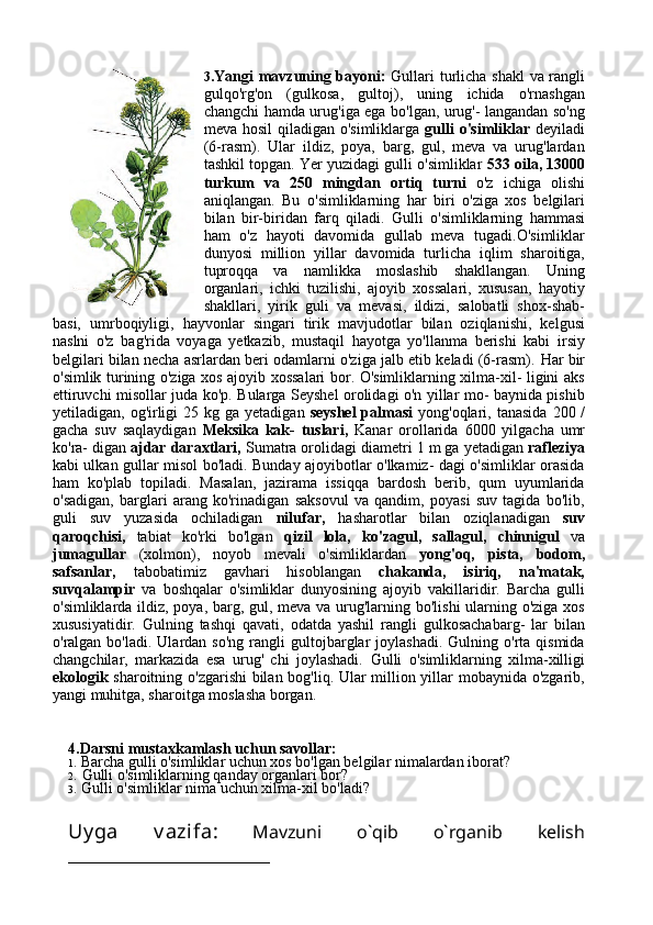 3 .Yangi mavzuning bayoni:   Gullari turlicha shakl va rangli
gulqo'rg'on   (gulkosa,   gultoj),   uning   ichida   o'rnashgan
changchi hamda urug'iga ega bo'lgan, urug'- langandan so'ng
meva hosil qiladigan o'simliklarga   gulli o'simliklar   deyiladi
(6-rasm).   Ular   ildiz,   poya,   barg,   gul,   meva   va   urug'lardan
tashkil topgan.   Yer yuzidagi gulli o'simliklar   533  oila,  13000
turkum   va   250   mingdan   ortiq   turni   o'z   ichiga   olishi
aniqlangan.   Bu   o'sim liklarning   har   biri   o'ziga   xos   belgilari
bilan   bir-biridan   farq   qiladi.   Gulli   o'simliklarning   hammasi
ham   o'z   hayoti   davomida   gullab   meva   tugadi.O'simliklar
dunyosi   million   yillar   davomida   turlicha   iqlim   sharoitiga,
tuproqqa   va   namlikka   moslashib   shakllangan.   Uning
organlari,   ichki   tuzilishi,   ajoyib   xossalari,   xususan,   hayotiy
shakllari,   yirik   guli   va   mevasi,   ildizi,   salobatli   shox-shab-
basi,   umrboqiyligi,   hayvon lar   singari   tirik   mavjudotlar   bilan   oziqlanishi,   kelgusi
naslni   o'z   bag'rida   voyaga   yetkazib,   mustaqil   hayotga   yo'llanma   berishi   kabi   irsiy
belgilari bilan necha asrlardan beri odamlarni o'ziga jalb etib keladi (6-rasm).   Har bir
o'simlik turining o'ziga xos ajoyib xossalari bor. O'simliklarning xilma-xil- ligini aks
ettiruvchi misollar juda ko'p. Bularga Seyshel orolidagi o'n yillar mo- baynida pishib
yetiladigan, og'irligi   25   kg ga yetadigan   seyshel  palmasi   yong'oqlari, tanasida   200 /
gacha   suv   saqlaydigan   Meksika   kak-   tuslari,   Kanar   orollarida   6000   yilgacha   umr
ko'ra- digan  ajdar daraxtlari,  Sumatra orolidagi diametri  1  m ga yetadigan  rafleziya
kabi ulkan gullar misol bo'ladi. Bunday ajoyibotlar o'lkamiz- dagi o'simliklar orasida
ham   ko'plab   topiladi.   Masalan,   jazirama   issiqqa   bardosh   berib,   qum   uyumlarida
o'sadigan,   barglari   arang   ko'rinadigan   saksovul   va   qandim,   poyasi   suv   tagida   bo'lib,
guli   suv   yuzasida   ochiladigan   nilufar,   hasharotlar   bilan   oziqlanadigan   suv
qaroqchisi,   tabiat   ko'rki   bo'lgan   qizil   lola,   ko'zagul,   sallagul,   chinnigul   va
jumagullar   (xolmon),   noyob   mevali   o'simliklardan   yong'oq,   pista,   bodom,
safsanlar,   tabobatimiz   gavhari   hisoblangan   chakanda,   isiriq,   na'matak,
suvqalampir   va   boshqalar   o'simliklar   dunyosining   ajoyib   vakillaridir.   Barcha   gulli
o'simliklarda ildiz, poya, barg, gul, meva va urug'larning bo'lishi  ularning o'ziga xos
xususiyatidir.   Gulning   tashqi   qavati,   odatda   yashil   rangli   gulkosachabarg-   lar   bilan
o'ralgan  bo'ladi.  Ulardan  so'ng   rangli  gultojbarglar   joylashadi.  Gulning  o'rta  qismida
changchilar,   markazida   esa   urug'   chi   joylashadi.   Gulli   o'simliklarning   xilma-xilligi
ekologik   sharoitning o'zgarishi bilan bog'liq. Ular million yillar mobaynida o'zgarib,
yangi muhitga, sharoitga moslasha borgan. 
4.Darsni mustaxkamlash uchun savollar:
1. Barcha gulli o'simliklar uchun xos bo'lgan belgilar nimalardan iborat?
2. Gulli o'simliklarning qanday organlari bor?
3. Gulli o'simliklar nima uchun xilma-xil bo'ladi?
Uy ga   v azifa:   Mavzuni   o`qib   o`rganib   kelish
_______________________ 