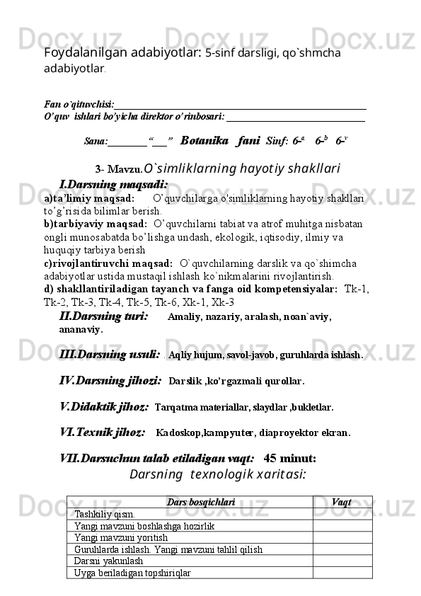 Foydalanilgan adabiyotlar:   5-sinf darsligi, qo`shmcha 
adabiyotlar .
Fan o`qituvchisi:___________________________________________________
O’quv  ishlari bo’yicha direktor o’rinbosari:  ____________________________ 
          Sana:________“___”    Botanika   fani   Sinf: 6- a      
6- b     
6- v
3- Mavzu . O`simlik larning hayot iy  shak llari
I.Darsning maqsadi:
a)ta’limiy maqsad:       O’quvchilarga  o'simliklarning hayotiy shakllari   
to’g’risida bilimlar berish.
b)tarbiyaviy maqsad:   O’quvchilarni tabiat va atrof muhitga nisbatan 
ongli munosabatda bo’lishga undash, ekologik, iqtisodiy, ilmiy va 
huquqiy tarbiya berish
c)rivojlantiruvchi maqsad:   O`quvchilarning darslik va qo`shimcha 
adabiyotlar ustida mustaqil ishlash ko`nikmalarini rivojlantirish.
d) shakllantiriladigan tayanch va fanga oid kompetensiyalar:   Tk-1, 
Tk-2, Tk-3, Tk-4, Tk-5, Tk-6, Xk-1, Xk-3
II.Darsning turi:        Amaliy, nazariy, aralash, noan`aviy, 
ananaviy.
III.Darsning usuli:   .  Aqliy hujum, savol-javob, guruhlarda ishlash .
IV.Darsning jihozi:    Darslik ,ko’rgazmali qurollar. 
V.Didaktik jihoz:     Tarqatma materiallar, slaydlar ,bukletlar.
VI.Texnik jihoz:      Kadoskop,kampyuter, diaproyektor ekran.
VII.Darsuchun talab etiladigan vaqt:    45 minut:  
Darsning  t e xnologik  xarit asi:
Dars bosqichlari       Vaqt
Tashkiliy qism. 
Yangi mavzuni boshlashga hozirlik
Ya ngi mavzuni yoritish
Guruhlarda ishlash. Yangi mavzuni tahlil qilish
Darsni yakunlash
Uyga beriladigan topshiriqlar  