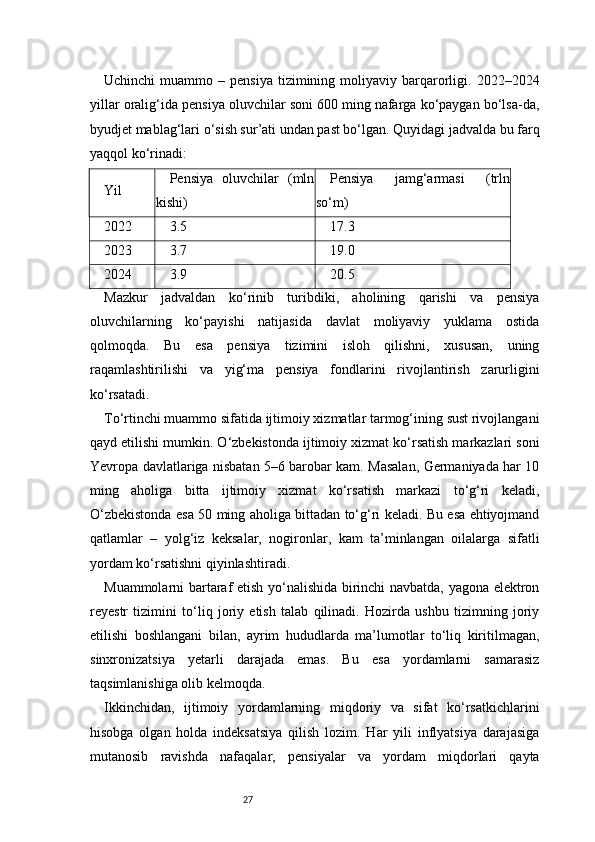 27Uchinchi  muammo  –  pensiya   tizimining  moliyaviy  barqarorligi.  2022–2024
yillar oralig‘ida pensiya oluvchilar soni 600 ming nafarga ko‘paygan bo‘lsa-da,
byudjet mablag‘lari o‘sish sur’ati undan past bo‘lgan. Quyidagi jadvalda bu farq
yaqqol ko‘rinadi:
Yil Pensiya   oluvchilar   (mln
kishi) Pensiya   jamg‘armasi   (trln
so‘m)
2022 3.5 17.3
2023 3.7 19.0
2024 3.9 20.5
Mazkur   jadvaldan   ko‘rinib   turibdiki,   aholining   qarishi   va   pensiya
oluvchilarning   ko‘payishi   natijasida   davlat   moliyaviy   yuklama   ostida
qolmoqda.   Bu   esa   pensiya   tizimini   isloh   qilishni,   xususan,   uning
raqamlashtirilishi   va   yig‘ma   pensiya   fondlarini   rivojlantirish   zarurligini
ko‘rsatadi.
To‘rtinchi muammo sifatida ijtimoiy xizmatlar tarmog‘ining sust rivojlangani
qayd etilishi mumkin. O‘zbekistonda ijtimoiy xizmat ko‘rsatish markazlari soni
Yevropa davlatlariga nisbatan 5–6 barobar kam. Masalan, Germaniyada har 10
ming   aholiga   bitta   ijtimoiy   xizmat   ko‘rsatish   markazi   to‘g‘ri   keladi,
O‘zbekistonda esa 50 ming aholiga bittadan to‘g‘ri keladi. Bu esa ehtiyojmand
qatlamlar   –   yolg‘iz   keksalar,   nogironlar,   kam   ta’minlangan   oilalarga   sifatli
yordam ko‘rsatishni qiyinlashtiradi.
Muammolarni bartaraf etish yo‘nalishida birinchi navbatda, yagona elektron
reyestr   tizimini   to‘liq   joriy   etish   talab   qilinadi.   Hozirda   ushbu   tizimning   joriy
etilishi   boshlangani   bilan,   ayrim   hududlarda   ma’lumotlar   to‘liq   kiritilmagan,
sinxronizatsiya   yetarli   darajada   emas.   Bu   esa   yordamlarni   samarasiz
taqsimlanishiga olib kelmoqda.
Ikkinchidan,   ijtimoiy   yordamlarning   miqdoriy   va   sifat   ko‘rsatkichlarini
hisobga   olgan   holda   indeksatsiya   qilish   lozim.   Har   yili   inflyatsiya   darajasiga
mutanosib   ravishda   nafaqalar,   pensiyalar   va   yordam   miqdorlari   qayta 