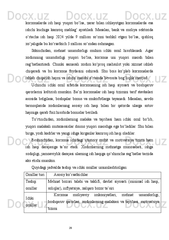 28korxonalarda   ish   haqi   yuqori   bo‘lsa,   zarar   bilan   ishlayotgan   korxonalarda   esa
ishchi   kuchiga   kamroq   mablag‘   ajratiladi.   Masalan,   bank   va   moliya   sektorida
o‘rtacha   ish   haqi   2024   yilda   9   million   so‘mni   tashkil   etgan   bo‘lsa,   qishloq
xo‘jaligida bu ko‘rsatkich 3 million so‘mdan oshmagan.
Ikkinchidan,   mehnat   unumdorligi   muhim   ichki   omil   hisoblanadi.   Agar
xodimning   unumdorligi   yuqori   bo‘lsa,   korxona   uni   yuqori   maosh   bilan
rag‘batlantiradi.   Chunki   samarali   xodim   ko‘proq   mahsulot   yoki   xizmat   ishlab
chiqaradi   va   bu   korxona   foydasini   oshiradi.   Shu   bois   ko‘plab   korxonalarda
ishlab chiqarish hajmi va ishchi maoshi o‘rtasida bevosita bog‘liqlik mavjud.
Uchinchi   ichki   omil   sifatida   korxonaning   ish   haqi   siyosati   va   boshqaruv
qarorlarini keltirish mumkin. Ba’zi korxonalar ish haqi tizimini tarif stavkalari
asosida   belgilasa,   boshqalar   bonus   va   mukofotlarga   tayanadi.   Masalan,   savdo
tarmoqlarida   xodimlarning   asosiy   ish   haqi   bilan   bir   qatorda   ularga   sotuv
hajmiga qarab foiz hisobida bonuslar beriladi.
To‘rtinchidan,   xodimlarning   malaka   va   tajribasi   ham   ichki   omil   bo‘lib,
yuqori malakali mutaxassislar doimo yuqori maoshga ega bo‘ladilar. Shu bilan
birga, yosh kadrlar va yangi ishga kirganlar kamroq ish haqi oladilar.
Beshinchidan,   korxona   ichidagi   ijtimoiy   muhit   va   motivatsiya   tizimi   ham
ish   haqi   darajasiga   ta’sir   etadi.   Xodimlarning   mehnatga   munosabati,   ishga
sodiqligi, jamoaviylik darajasi ularning ish haqiga qo‘shimcha rag‘batlar tarzida
aks etishi mumkin.
Quyidagi jadvalda tashqi va ichki omillar umumlashtirilgan:
Omillar turi Asosiy ko‘rsatkichlar
Tashqi
omillar Mehnat   bozori   talabi   va   taklifi,   davlat   siyosati   (minimal   ish   haqi,
soliqlar), inflyatsiya, xalqaro bozor ta’siri
Ichki
omillar Korxona   moliyaviy   imkoniyatlari,   mehnat   unumdorligi,
boshqaruv  qarorlari,  xodimlarning  malakasi  va  tajribasi,  motivatsiya
tizimi 