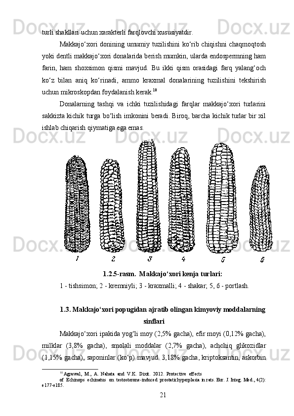 turli shakllari uchun xarakterli farqlovchi xususiyatdir.
Makkajo‘xori donining umumiy tuzilishini ko‘rib chiqishni  chaqmoqtosh
yoki dentli makkajo‘xori donalarida berish mumkin, ularda endospermning ham
farin,   ham   shoxsimon   qismi   mavjud.   Bu   ikki   qism   orasidagi   farq   yalang‘och
ko‘z   bilan   aniq   ko‘rinadi,   ammo   kraxmal   donalarining   tuzilishini   tekshirish
uchun mikroskopdan foydalanish kerak. 10
Donalarning   tashqi   va   ichki   tuzilishidagi   farqlar   makkajo‘xori   turlarini
sakkizta kichik turga bo‘lish imkonini beradi. Biroq, barcha kichik turlar bir xil
ishlab chiqarish qiymatiga ega emas.
1.2.5-rasm.  Makkajo‘xori kenja turlari:
1 - tishsimon; 2 - kremniyli; 3 - kraxmalli; 4 - shakar; 5, 6 - portlash.
1.3. Makkajo‘xori popugidan ajratib olingan kimyoviy moddalarning
sinflari
Makkajo‘xori ipakida yog‘li moy (2,5% gacha), efir moyi (0,12% gacha),
milklar   (3,8%   gacha),   smolali   moddalar   (2,7%   gacha),   achchiq   glikozidlar
(1,15% gacha), saponinlar (ko‘p) mavjud. 3,18% gacha, kriptoksantin, askorbin
10
 Agrawal,  M.,  A.  Nahata  and  V.K.  Dixit.  2012.  Protective  effects
of  Echinops  echinatus  on  testosterone-induced  prostatichyperplasia in rats. Eur. J. Integ. Med., 4(2):
e177-e185.
21 