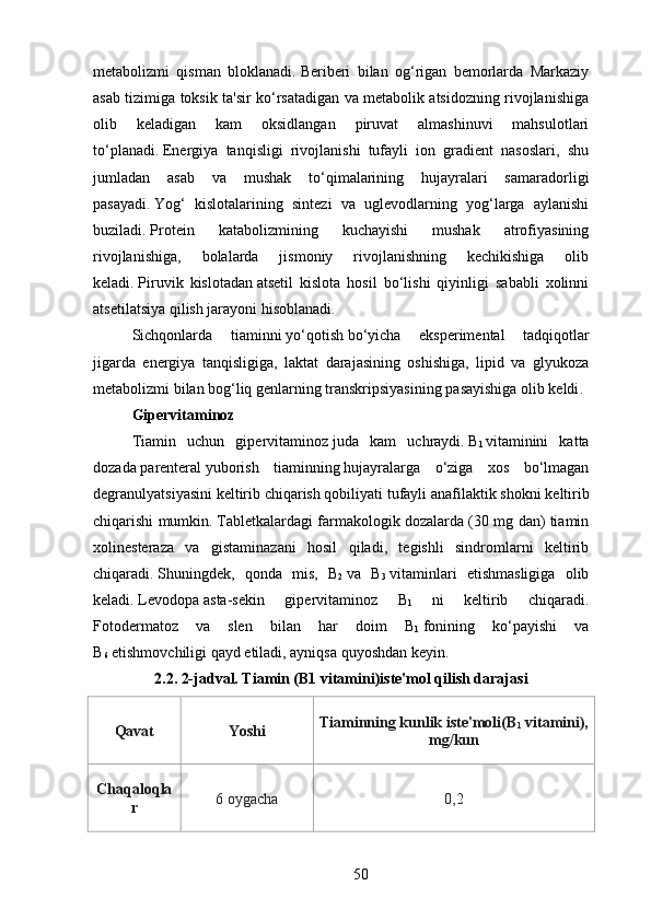 metabolizmi   qisman   bloklanadi.   Beriberi   bilan   og‘rigan   bemorlarda   Markaziy
asab tizimiga toksik ta'sir ko‘rsatadigan va metabolik atsidozning rivojlanishiga
olib   keladigan   kam   oksidlangan   piruvat   almashinuvi   mahsulotlari
to‘planadi.   Energiya   tanqisligi   rivojlanishi   tufayli   ion   gradient   nasoslari,   shu
jumladan   asab   va   mushak   to‘qimalarining   hujayralari   samaradorligi
pasayadi.   Yog‘   kislotalarining   sintezi   va   uglevodlarning   yog‘larga   aylanishi
buziladi.   Protein   katabolizmining   kuchayishi   mushak   atrofiyasining
rivojlanishiga,   bolalarda   jismoniy   rivojlanishning   kechikishiga   olib
keladi.   Piruvik   kislotadan   atsetil   kislota   hosil   bo‘lishi   qiyinligi   sababli   xolinni
atsetilatsiya qilish jarayoni hisoblanadi.
Sichqonlarda   tiaminni   yo‘qotish   bo‘yicha   eksperimental   tadqiqotlar
jigarda   energiya   tanqisligiga,   laktat   darajasining   oshishiga,   lipid   va   glyukoza
metabolizmi bilan bog‘liq genlarning transkripsiyasining pasayishiga olib keldi .
Gipervitaminoz
Tiamin   uchun   gipervitaminoz   juda   kam   uchraydi.   B
1   vitaminini   katta
dozada   parenteral   yuborish   tiaminning   hujayralarga   o‘ziga   xos   bo‘lmagan
degranulyatsiyasini keltirib chiqarish qobiliyati tufayli   anafilaktik shokni   keltirib
chiqarishi mumkin.   Tabletkalardagi farmakologik dozalarda (30 mg dan) tiamin
xolinesteraza   va   gistaminazani   hosil   qiladi,   tegishli   sindromlarni   keltirib
chiqaradi.   Shuningdek,   qonda   mis,   B
2   va   B
3   vitaminlari   etishmasligiga   olib
keladi.   Levodopa   asta-sekin   gipervitaminoz   B
1   ni   keltirib   chiqaradi.
Fotodermatoz   va   sle n   bilan   har   doim   B
1   fonining   ko‘payishi   va
B
6   etishmovchiligi qayd etiladi, ayniqsa quyoshdan keyin.
2.2. 2-jadval. Tiamin (B1 vitamini)iste'mol qilish darajasi
Qavat Yoshi Tiaminning kunlik iste'moli(B
1  vitamini),
mg/kun
Chaqaloqla
r 6 oygacha 0,2
50 