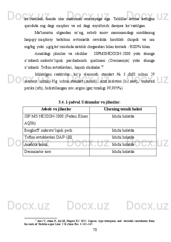 ko‘rsatiladi,   bunda   ular   maksimal   emissiyaga   ega.   Tahlillar   ketma   ketligini
qurishda  mg  dagi  miqdori  va  ml  dagi  suyultirish  darajasi  ko‘rsatilgan.
Ma'lumotni     olgandan     so‘ng,     asbob     sinov     namunasidagi     moddaning
haqiqiy   miqdoriy     tarkibini     avtomatik     ravishda     hisoblab     chiqadi     va     uni
mg/kg  yoki  µg/g ko‘rinishida xatolik chegaralari bilan kiritadi - RSD% bilan. 
Amaldagi   jihozlar   va   idishlar:     ISPMSNEXION-2000   yoki   shunga
o‘xshash   mikroto‘lqinli     parchalanish     qurilmasi     (Germaniya)     yoki     shunga
o‘xshash  Teflon avtoklavlari,  hajmli shishalar. 35
Ishlatilgan   reaktivlar:   ko‘p   elementli   standart   №   3   (MS   uchun   29
element  uchun)-Hg  uchun standart (simob),  azot kislotasi (h / soat),  vodorod
periks (x/h), bidistillangan suv, argon (gaz tozaligi 99,995%).
3.4. 1-jadval. Uskunalar va jihozlar:
Asbob va jihozlar Ularning texnik holati
ISP MS NEXION-2000 (Perkin Elmer
AQSh) Ishchi holatda
Berghoff  mikroto‘lqinli pech Ishchi holatda
Teflon avtoklavlari DAP-100 Ishchi holatda
Analitik tarozi Ishchi holatda
Deionizator suvi Ishchi holatda
35
  Aeri  V, Alam P, Ali M, Naquvi KJ. 2015. Lupene -type triterpenic and   steroidal constituents from
the roots of Streblus asper Lour. J Sci Inno Res. 4:142–145.
70 
