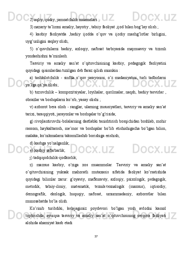 2) aqliy, ijodiy, jamoatchilik muamolari ;
3) nazariy ta’limni amaliy, hayotiy , tabiiy faoliyat ,ijod bilan bog’lay olish ;
4)   kasbiy   faoliyatda   ,badiiy   ijodda   o’quv   va   ijodiy   mashg’lotlar   birligini,
uyg’unligini saqlay olish;
5)   o’quvchilarni   badiiy,   axloqiy,   nafosat   tarbiyasida   majmuaviy   va   tizimli
yondashishni ta’minlash.
Tasviriy   va   amaliy   san’at   o’qituvchisining   kasbiy,   pedagogik   faoliyatini
quyidagi qisimlardan tuzilgan deb faraz qilish mumkin :
a)   tashkilotchilik   -   sinfda   o’quv   jarayonini,   o’z   madaniyatini,   turli   tadbirlarni
yo’lga qo’ya olishi;
b) tuzuvchilik – kompozitsiyalar, loyihalar, qurilmalar, naqsh, badiiy tasvirlar ,
obrazlar va boshqalarni ko’rib, yasay olishi ;
v) axborot bera olish - ranglar, ularning xususiyatlari, tasviriy va amaliy san’at
tarixi, taraqqiyoti, jarayonlar va boshqalar to’g’risida;
g) rivojlantiruvchi-bolalarning dastlabki tanishtirish bosqichidan boshlab, mohir
rassom,   haykaltarosh,   me’mor   va   boshqalar   bo’lib   etishishigacha   bo’lgan   bilim,
malaka, ko’nikmalarni takomillashib borishiga erishish;
d) kasbga yo’nalganlik;
e) kasbiy safarbarlik;
j) tadqiqodchilik-ijodkorlik;
z)   maxsus   kasbiy,   o’ziga   xos   muammolar.   Tasviriy   va   amaliy   san’at
o’qituvchisining   yuksak   mahoratli   mutaxasis   sifatida   faoliyat   ko’rsatishida
quyidagi   bilimlar   zarur:   g’oyaviy,   mafkuraviy,   axloqiy,   psixologik,   pedagogik,
metodik,   tabiiy-ilmiy,   matematik,   texnik-texnalogik   (maxsus),   iqtisodiy,
demografik,   ekologik,   huquqiy,   nafosat,   umummadaniy,   axborotlar   bilan
munosabatda bo’la olish.
Ko’rinib   turibdiki,   kelajagimiz   poydevori   bo’lgan   yosh   avlodni   kamol
toptirishda,   ayniqsa   tasviriy   va   amaliy   san’at   o’qituvchisining   serqirra   faoliyati
alohida ahamiyat kasb etadi
37 