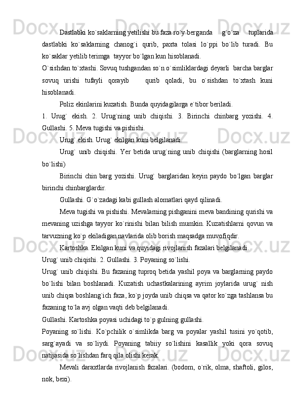 Dastlabki ko`saklarning yetilishi bu faza ro`y berg anda   g`o`za   tuplarida
dastlabki   ko`saklarning   chanog`i   qurib,   paxta   tolasi   lo`ppi   bo`lib   turadi.   Bu
ko`saklar yetilib terimga  tayyor bo`lgan kun hisoblanadi. 
O`sishdan to`xtashi. Sovuq tushgandan so`n o`simliklardagi deyarli  barcha barglar
sovuq   urishi   tufayli   qorayib     qurib   qoladi,   bu   o`sishdan   to`xtash   kuni
hisoblanadi.
Poliz ekinlarini kuzatish. Bunda quyidagilarga e ` tibor beriladi.
1.   Urug`   ekish.   2.   Urug`ning   unib   chiqishi.   3.   Birinchi   chinbarg   yozishi.   4.
Gullashi. 5. Meva tugishi va pishishi.
Urug` ekish. Urug` ekilgan kuni belgilanadi.
Urug`   unib   chiqishi.   Yer   betida   urug`ning   unib   chiqishi   (barglarning   hosil
bo`lishi)
Birinchi   chin   barg   yozishi.   Urug`   barglaridan   keyin   paydo   bo`lgan   barglar
birinchi chinbarglardir.
Gullashi. G`o`zadagi kabi gullash alomatlari qayd qilinadi.
Meva tugishi va pishishi. Mevalarning pishganini meva bandining qurishi va
mevaning   uzishga   tayyor   ko`rinishi   bilan   bilish   mumkin.   Kuzatishlarni   qovun   va
tarvuzning ko`p ekiladigan navlarida olib borish maqsadga muvofiqdir.
Kartoshka. Ekilgan kuni va quyidagi rivojlanish fazalari belgilanadi.
Urug` unib chiqishi. 2. Gullashi. 3. Poyaning so`lishi.
Urug`  unib chiqishi. Bu fazaning tuproq betida yashil  poya va barglarning paydo
bo`lishi   bilan   boshlanadi.   Kuzatish   uchastkalarining   ayrim   joylarida   urug`   nish
unib chiqsa boshlang`ich faza, ko`p joyda unib chiqsa va qator ko`zga tashlansa bu
fazaning to`la avj olgan vaqti deb belgilanadi.
Gullashi. Kartoshka poyasi uchidagi to`p gulning gullashi.
Poyaning   so`lishi.   Ko`pchilik   o`simlikda   barg   va   poyalar   yashil   tusini   yo`qotib,
sarg`ayadi   va   so`liydi.   Poyaning   tabiiy   so`lishini   kasallik   yoki   qora   sovuq
natijasida so`lishdan farq qila olishi kerak.
Mevali  daraxtlarda rivojlanish  fazalari. (bodom, o`rik, olma, shaftoli, gilos,
nok, bexi). 