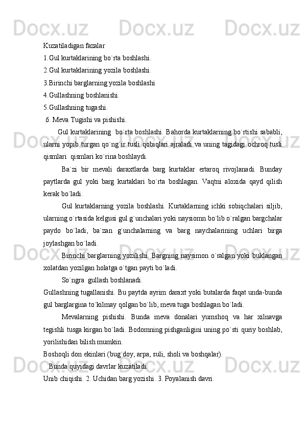 Kuzatiladigan fazalar
1. Gul kurtaklarining bo`rta boshlashi.
2. Gul kurtaklarining yozila boshlashi.
3. Birinchi barglarning yozila boshlashi
4. Gullashning boshlanishi.
5.Gullashning tugashi.
 6. Meva Tugishi va pishishi.
            Gul kurtaklarining   bo`rta boshlashi. Bahorda kurtaklarning bo`rtishi sababli,
ularni yopib turgan qo`ng`ir tusli qobiqlari ajraladi va uning tagidagi ochroq tusli
qismlari  qismlari ko`rina boshlaydi.
Ba`zi   bir   mevali   daraxtlarda   barg   kurtaklar   ertaroq   rivojlanadi.   Bunday
paytlarda   gul   yoki   barg   kurtaklari   bo`rta   boshlagan.   Vaqtni   aloxida   qayd   qilish
kerak bo`ladi.
Gul   kurtaklarning   yozila   boshlashi.   Kurtaklarning   ichki   sobiqchalari   siljib,
ularning o`rtasida kelgusi gul g`unchalari yoki naysiomn bo`lib o`ralgan bargchalar
paydo   bo`ladi,   ba`zan   g`unchalarning   va   barg   naychalarining   uchlari   birga
joylashgan bo`ladi.
Birinchi barglarning yozilishi. Bargning naysimon o`ralgan yoki  buklangan
xolatdan yozilgan holatga o`tgan payti bo`ladi.
  So`ngra  gullash boshlanadi.
Gullashning tugallanishi. Bu paytda ayrim daraxt yoki butalarda faqat unda-bunda
gul barglargina to`kilmay qolgan bo`lib, meva tuga boshlagan bo`ladi.
Mevalarning   pishishi.   Bunda   meva   donalari   yumshoq   va   har   xilnavga
tegishli tusga kirgan bo`ladi. Bodomning pishganligini uning po`sti quriy boshlab,
yorilishidan bilish mumkin.
Boshoqli don ekinlari (bug`doy, arpa, suli, sholi va boshqalar).
    Bunda quyidagi davrlar kuzatiladi.
Unib chiqishi. 2. Uchidan barg yozishi. 3. Poyalanish davri. 
