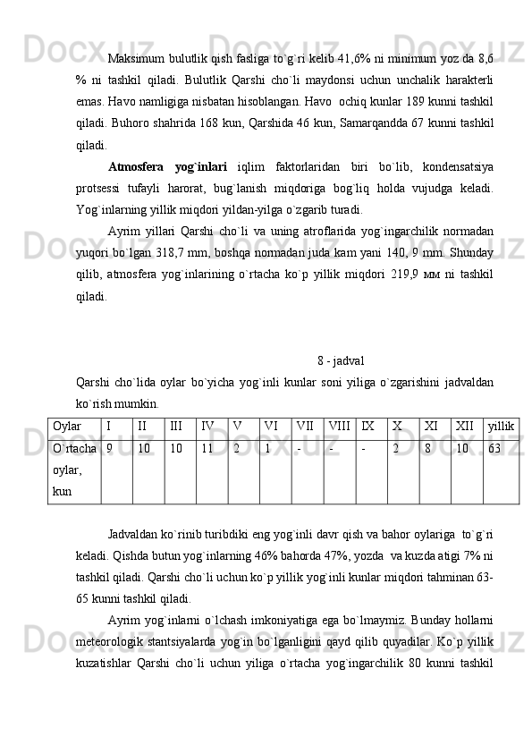 Maksimum bulutlik qish fasliga to`g`ri kelib 41,6% ni minimum yoz da 8,6
%   ni   tashkil   qiladi.   Bulutlik   Qarshi   cho`li   maydonsi   uchun   unchalik   harakterli
emas. Havo namligiga nisbatan hisoblangan. Havo  ochiq kunlar 189 kunni tashkil
qiladi. Buhoro shahrida 168 kun, Qarshida 46 kun, Samarqandda 67 kunni tashkil
qiladi. 
Atmosfera   yog`inlari   iqlim   faktorlaridan   biri   bo`lib,   kondensatsiya
protsessi   tufayli   harorat,   bug`lanish   miqdoriga   bog`liq   holda   vujudga   keladi.
Yog`inlarning yillik miqdori yildan-yilga o`zgarib turadi.
Ayrim   yillari   Qarshi   cho`li   va   uning   atroflarida   yog`ingarchilik   normadan
yuqori  bo`lgan 318,7 mm, boshqa normadan juda kam  yani  140, 9 mm. Shunday
qilib,   atmosfera   yog`inlarining   o`rtacha   ko`p   yillik   miqdori   219,9   мм   ni   tashkil
qiladi.
                                                                             8 - jadval
Qarshi   cho`lida   oylar   bo`yicha   yog`inli   kunlar   soni   yiliga   o`zgarishini   jadvaldan
ko`rish mumkin.
Oylar I II III IV V VI VII VIII IX X XI XII yillik
O`rtacha
oylar,
kun 9 10 10 11 2 1 - - - 2 8 10 63
Jadvaldan ko`rinib turibdiki eng yog`inli davr qish va bahor oylariga  to`g`ri
keladi. Qishda butun yog`inlarning 46% bahorda 47%, yozda  va kuzda atigi 7% ni
tashkil qiladi. Qarshi cho`li uchun ko`p yillik yog`inli kunlar miqdori tahminan 63-
65 kunni tashkil qiladi.
Ayrim  yog`inlarni  o`lchash  imkoniyatiga  ega bo`lmaymiz.  Bunday hollarni
meteorologik  stantsiyalarda  yog`in bo`lganligini  qayd  qilib quyadilar. Ko`p yillik
kuzatishlar   Qarshi   cho`li   uchun   yiliga   o`rtacha   yog`ingarchilik   80   kunni   tashkil 