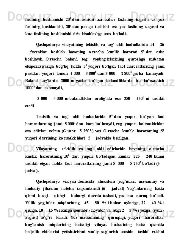 faslining   boshlanishi, 20 0
  dan   oshishi   esa   bahor   faslining   tugashi   va   yoz
faslining  boshlanishi,    
20 0
 dan  pastga  tushishi   esa  yoz  faslining  tugashi  va
kuz  faslining  boshlanishi  deb  hisoblashga asos  bo`ladi.
Qashqadaryo  viloyatining  tekislik  va  tog`  oldi  hududlarida  14   26
  fevraldan     boshlab     havoning     o`rtacha     kunlik     harorati     5	
 0  
dan     osha
boshlaydi.   O`rtacha     baland     tog`     yonbag`irlarining     quyoshga     nisbatan
ekspozitsiyasiga  bog`liq  holda  5 0
 yuqori  bo`lgan  faol  haroratlarning  jami
pastdan   yuqori   tomon   4   000   3	
   800 0
  dan 3 000   2	   800 0  
gacha   kamayadi.
Baland     tog`larda     3000   m   gacha     bo`lgan     balandliklarda     bu     ko`rsatkich
1000 0
 dan  oshmaydi,    
  3   000     4	
   000   m   balandliklar     oralig`ida     esa     350     450	 0
  ni     tashkil
etadi.
Tekislik     va     tog`     oldi     hududlarida     5 0  
dan     yuqori     bo`lgan     faol
haroratlarning  jami  5   000 0
 dan  kam  bo`lmaydi, eng  yuqori  ko`rsatkichlar
esa   adirlar   uchun (G`uzor     5 750 0
  ) xos. O`rtacha   kunlik   haroratning   5 0
yuqori  davrining  ko`rsatkichlari   5   jadvalda  berilgan. 	

Viloyatning       tekislik     va     tog`     oldi     adirlarida     havoning     o`rtacha
kunlik     haroratining   10 0    
dan     yuqori     bo`ladigan     kunlar     225     240   kunni	

tashkil   etgan   holda   faol   haroratlarning   jami 5   000   5 250	
 0
  bo`ladi (5 	
jadval). 
Qashqadaryo     viloyati   doirasida     atmosfera     yog`inlari     mavsumiy     va
hududiy     jihatdan     notekis     taqsimlanadi   (6     jadval).   Yog`inlarning     katta	

qismi     kuzgi     qishgi     bahorgi     davrda   tushadi,   yoz     esa     quruq     bo`ladi.	
 
Yillik     yog`inlar     miqdorining       45     50	
  
  %   i   bahor     oylariga,   37     40   %   i	
qishga, 10   15 % i kuzga (sentabr - noyabr) va  atigi 2   3 % i yozga  (iyun -	
 
avgust)   to`g`ri     keladi.   Yoz   mavsumining     quruqligi,   yuqori     haroratlar,
bug`lanish     miqdorining     kattaligi     viloyat     hududining     katta     qismida
ho`jalik   ekinlarini   yetishtirishni   sun`iy   sug`orish   asosida     tashkil   etishni 