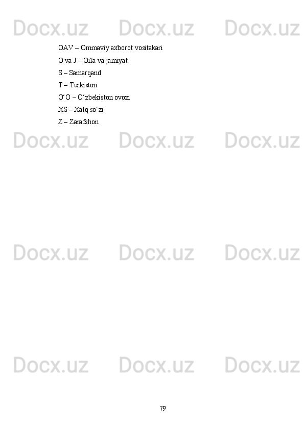 OAV – Ommaviy axborot vositakari
O va J – Oila va jamiyat
S – Samarqand
T – Turkiston
O‘O – O‘zbekiston ovozi
XS – Xalq so‘zi
Z – Zarafshon
   
79 