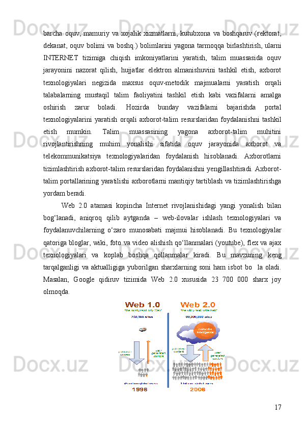 barcha   oquv,   mamuriy   va   xojalik   xizmatlarni,   kutubxona   va   boshqaruv   (rektorat,  
dekanat, oquv bolimi va boshq.) bolimlarini yagona tarmoqqa birlashtirish, ularni
  
INTERNET   tizimiga   chiqish   imkoniyatlarini   yaratish,   talim   muassasida   oquv	
 
jarayonini   nazorat   qilish,   hujjatlar   elektron   almanishuvini   tashkil   etish,   axborot
texnologiyalari   negizida   maxsus   oquv-metodik   majmualarni   yaratish   orqali	

talabalarning   mustaqil   talim   faoliyatini   tashkil   etish   kabi   vazifalarni   amalga	

oshirish   zarur   boladi.   Hozirda   bunday   vazifalarni   bajarishda   portal	

texnologiyalarini   yaratish   orqali   axborot-talim   resurslaridan   foydalanishni   tashkil	

etish   mumkin.   Talim   muassasining   yagona   axborot-talim   muhitini	
 
rivojlantirishning   muhim   yonalishi   sifatida   oquv   jarayonida   axborot   va	
 
telekommunikatsiya   texnologiyalaridan   foydalanish   hisoblanadi.   Axborotlarni
tizimlashtirish axborot-talim resurslaridan foydalanishni yengillashtiradi. Axborot-	

talim portallarining yaratilishi axborotlarni mantiqiy tartiblash va tizimlashtirishga	

yordam beradi. 
Web   2.0   atamasi   kopincha   Internet   rivojlanishidagi   yangi   yonalish   bilan	
 ʻ
bog‘lanadi,   aniqroq   qilib   aytganda   –   web-ilovalar   ishlash   texnologiyalari   va
foydalanuvchilarning   o‘zaro   munosabati   majmui   hisoblanadi.   Bu   texnologiyalar
qatoriga bloglar, wiki, foto va video alishish qo‘llanmalari (youtube), flex va ajax
texnologiyalari   va   koplab   boshqa   qollanmalar   kiradi.  	
  Bu   mavzuning   keng
tarqalganligi   va   aktualligiga  yuborilgan  sharxlarning   soni   ham   isbot   bo la   oladi.	

Masalan,   Google   qidiruv   tizimida   Web   2.0   xususida   23   700   000   sharx   joy
olmo q da. 
17 