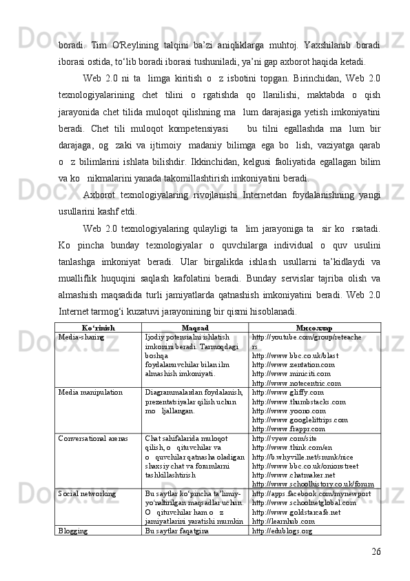 boradi.   Tim   O Reylining   talqini   ba’zi   aniqliklarga   muhtoj.   Yaxshilanib   boradiʻ
iborasi ostida, to‘lib boradi iborasi tushuniladi, ya’ni gap axborot haqida ketadi. 
Web   2.0   ni   ta limga   kiritish   o z   isbotini   topgan.   Birinchidan,   Web   2.0	
 
texnologiyalarining   chet   tilini   o rgatishda   qo llanilishi,   maktabda   o qish	
  
jarayonida   chet   tilida   muloqot   qilishning   ma lum   darajasiga   yetish   imkoniyatini	

beradi.   Chet   tili   muloqot   kompetensiyasi     bu   tilni   egallashda   ma lum   bir
 
darajaga,   og zaki   va   ijtimoiy madaniy   bilimga   ega   bo lish,   vaziyatga   qarab	
  
o z   bilimlarini   ishlata   bilishdir.   Ikkinchidan,   kelgusi   faoliyatida   egallagan   bilim	

va ko nikmalarini yanada takomillashtirish imkoniyatini beradi. 	

Axborot   texnologiyalaring   rivojlanishi   Internetdan   foydalanishning   yangi
usullarini kashf etdi. 
Web   2.0   texnologiyalaring   qulayligi   ta lim   jarayoniga   ta sir   ko rsatadi.	
  
Ko pincha   bunday   texnologiyalar   o quvchilarga   individual   o quv   usulini	
  
tanlashga   imkoniyat   beradi.   Ular   birgalikda   ishlash   usullarni   ta’kidlaydi   va
mualliflik   huquqini   saqlash   kafolatini   beradi.   Bunday   servislar   tajriba   olish   va
almashish   maqsadida   turli   jamiyatlarda   qatnashish   imkoniyatini   beradi.   Web   2.0
Internet tarmog‘i kuzatuvi jarayonining bir qismi hisoblanadi. 
Ko‘rinish Maqsad Мисоллар
Media-sharing  Ijodiy potensialni ishlatish 
imkonini beradi. Tarmoqdagi 
boshqa 
foydalanuvchilar bilan ilm 
almashish imkoniyati.  http://youtube.com/group/reteache
rs 
http://www.bbc.co.uk/blast 
http://www.zentation.com 
http://www.miniciti.com 
http://www.notecentric.com 
Media manipulation  Diagrammalardan foydalanish,
prezentatsiyalar qilish uchun 
mo ljallangan. 	
 http://www.gliffy.com 
http://www.thumbstacks.com 
http://www.yoono.com 
http://www.googlelittrips.com 
http://www.frappr.com 
Conversational arenas  Chat sahifalarida muloqot 
qilish, o qituvchilar va 	

o quvchilar qatnasha oladigan	

shaxsiy chat va forumlarni 
tashkillashtirish  http://vyew.com/site 
http://www.think.com/en 
http://b.whyville.net/smmk/nice 
http://www.bbc.co.uk/onionstreet 
http://www.chatmaker.net 
http://www.schoolhistory.co.uk/forum  
Social networking  Bu saytlar ko‘pincha ta’limiy-
yo naltirilgan maqsadlar uchun.
ʻ
O qituvchilar ham o z 
 
jamiyatlarini yaratishi mumkin http://apps.facebook.com/mynewport 
http://www.schoolnetglobal.com 
http://www.goldstarcafe.net 
http://learnhub.com 
Blogging  Bu saytlar faqatgina  http://edublogs.org 
26 