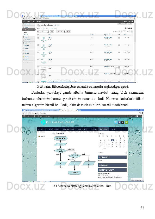 2.16.-rasm. Bibliotekadagi barcha media malumotlar saqlanadigan qismi.
Dasturlar   yaratilayotganda   albatta   birinchi   navbat   uning   blok   sxemasini
tushunib   olishimiz   hamda   yaratishimiz   zarur   bo ladi.   Hamma   dasturlash   tillari
uchun algoritm bir xil bo ladi, lekin dasturlash tillari har xil hisoblanadi.	

2.17-rasm. Sahifaning Blok sxemalar bo limi .	

52 